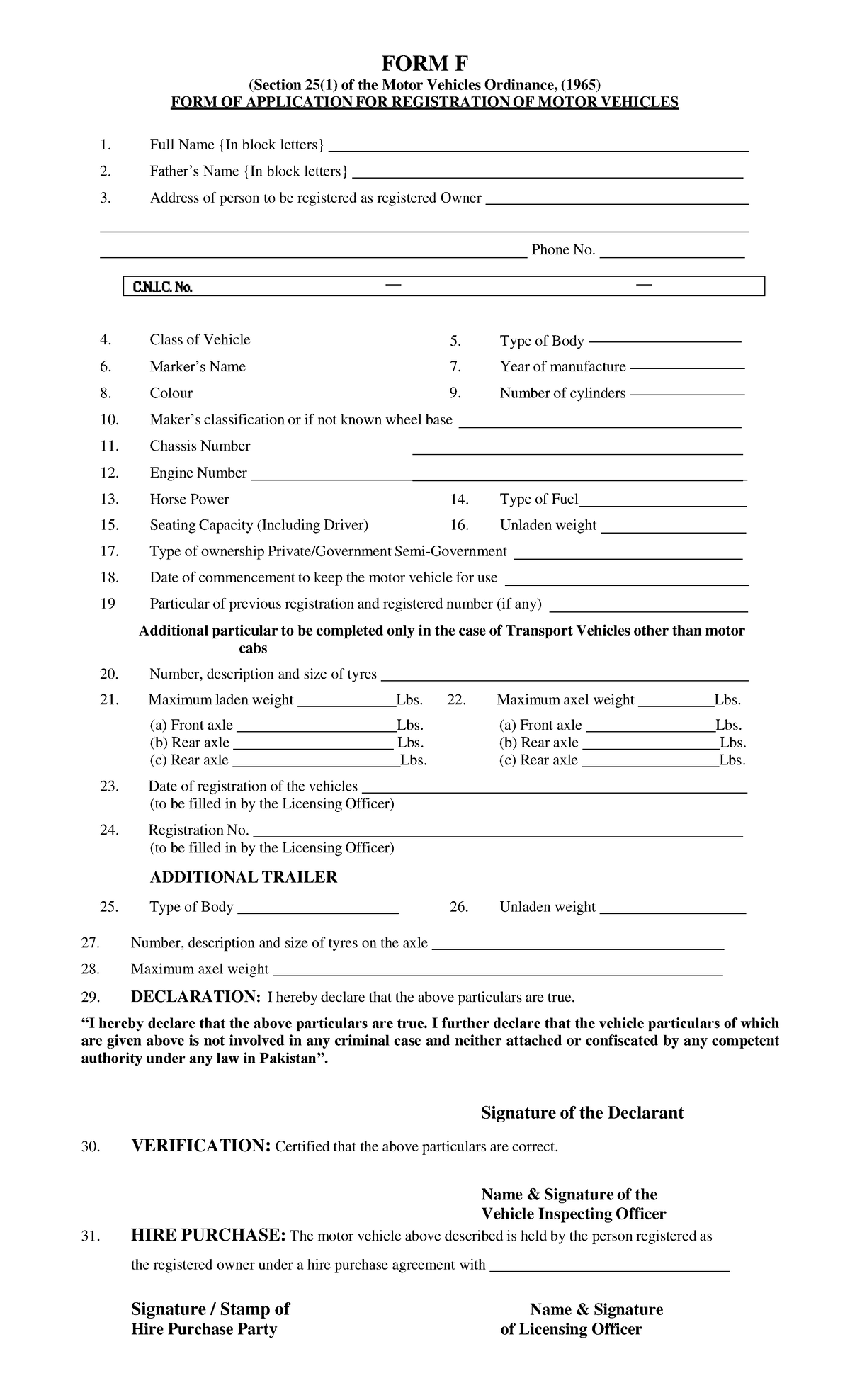 FORM F: Application for Motor Vehicle Registration (Ordinance 1965 ...