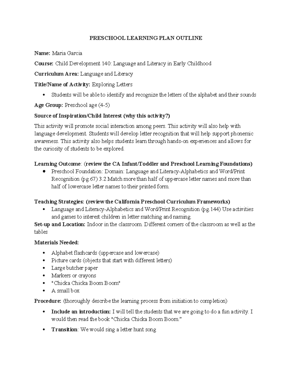 Preschool Learning PLAN Outline - Language and Literature - PRESCHOOL ...