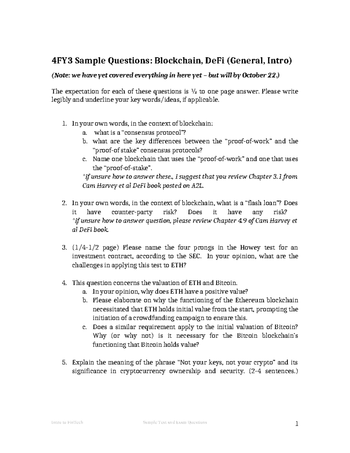 4FY3 Sample Questions: Blockchain & DeFi Overview - Studocu