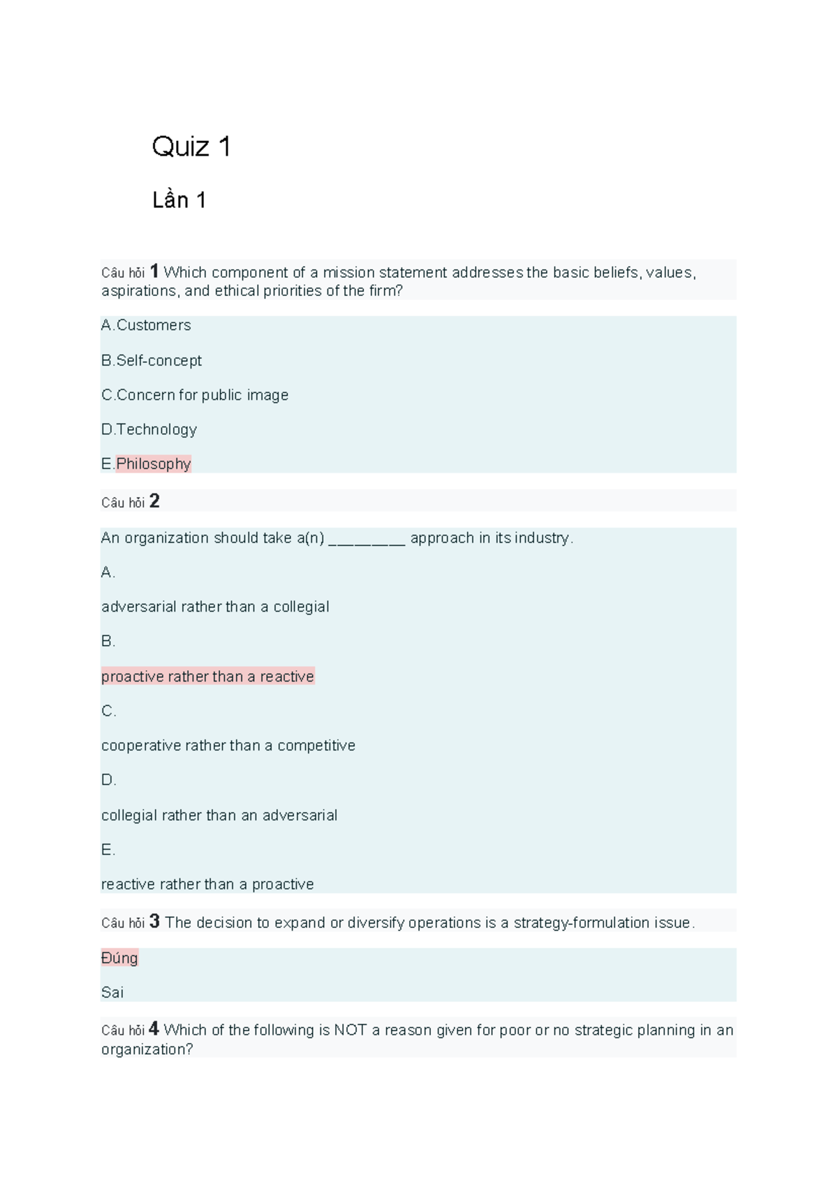 Quiz 1-3 LMS - Strategic Management Questions and Answers - Studocu