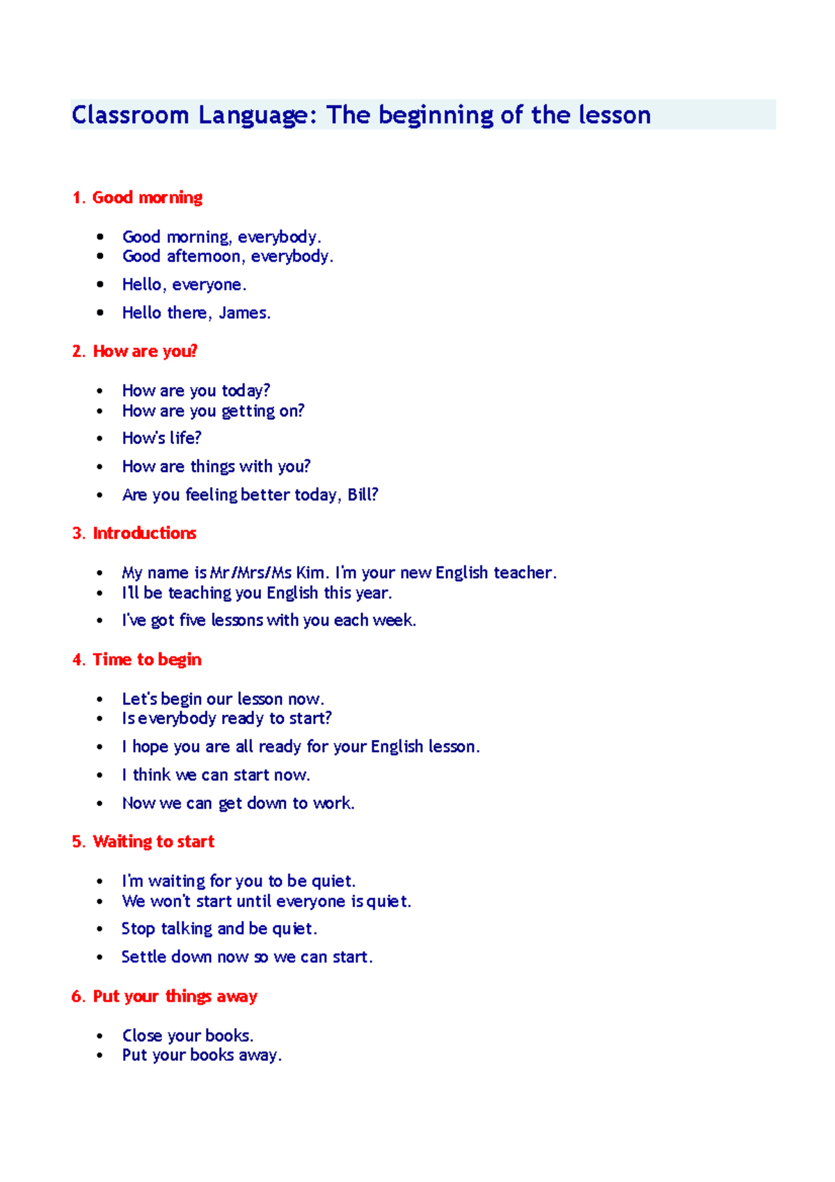 having good language - Classroom Language: The beginning of the lesson ...