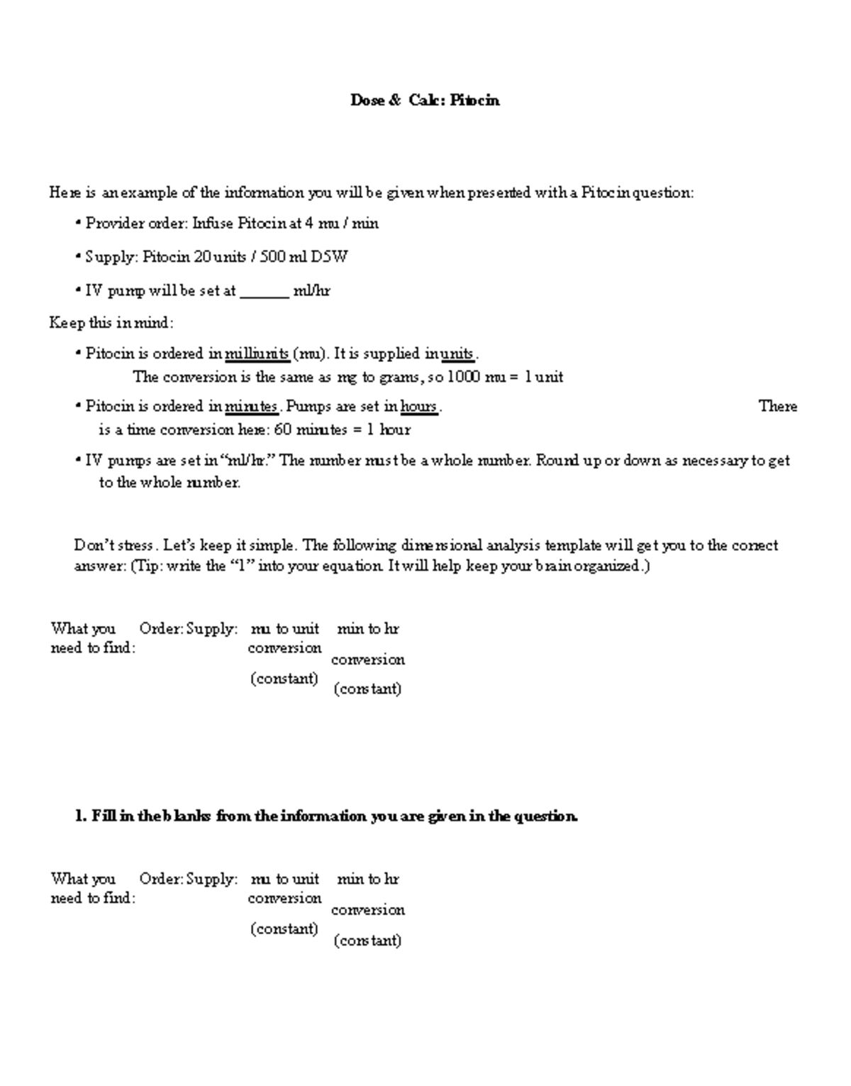 Dose Calculation: Pitocin Administration Guide - Studocu