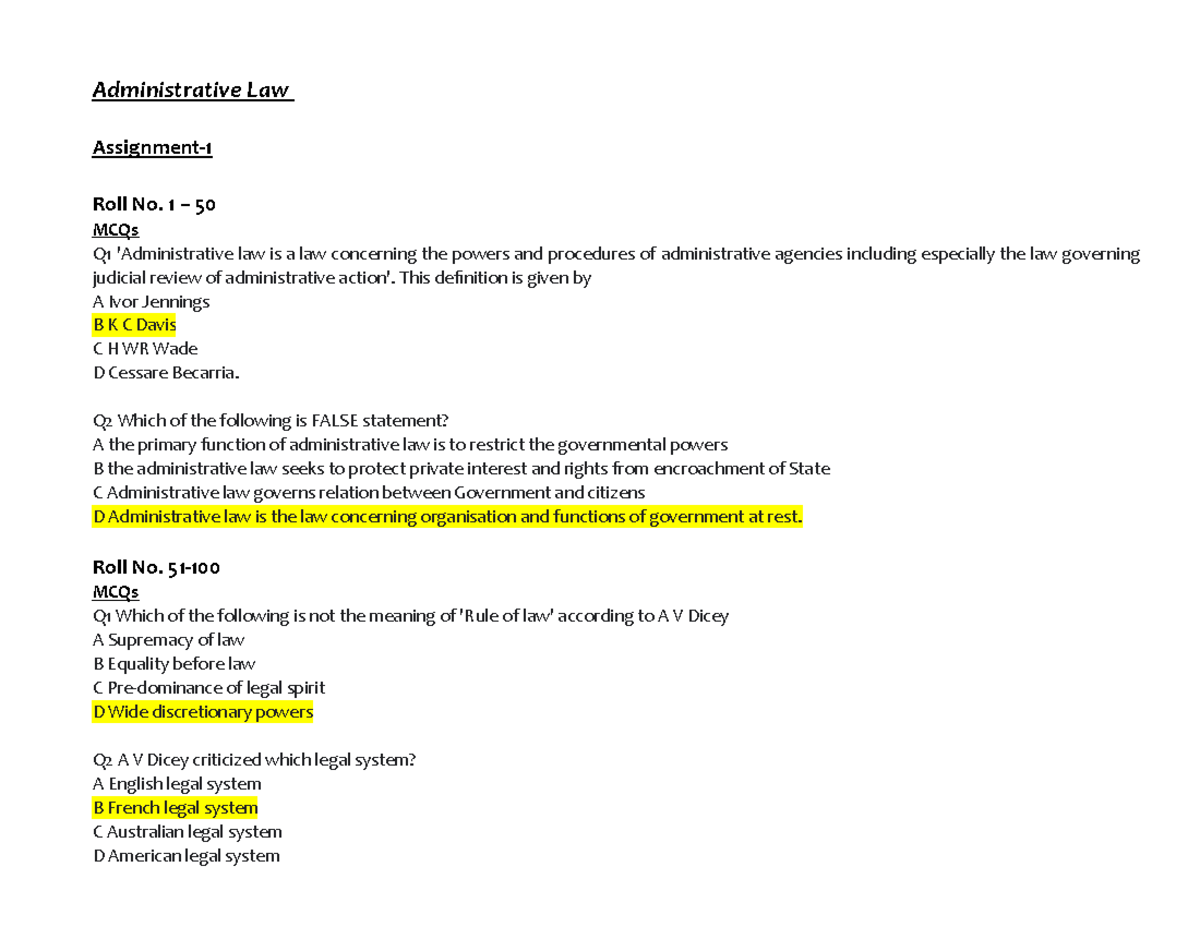 Administrative Law - Assignments - Multiple Choice Questions (MCQs ...