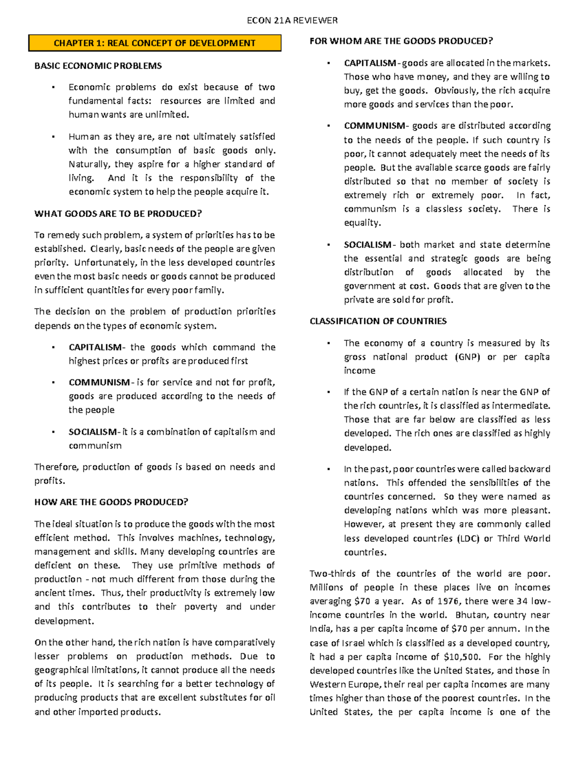 ECON 101 - Midterm Exam Review: Key Concepts in Economic Development ...