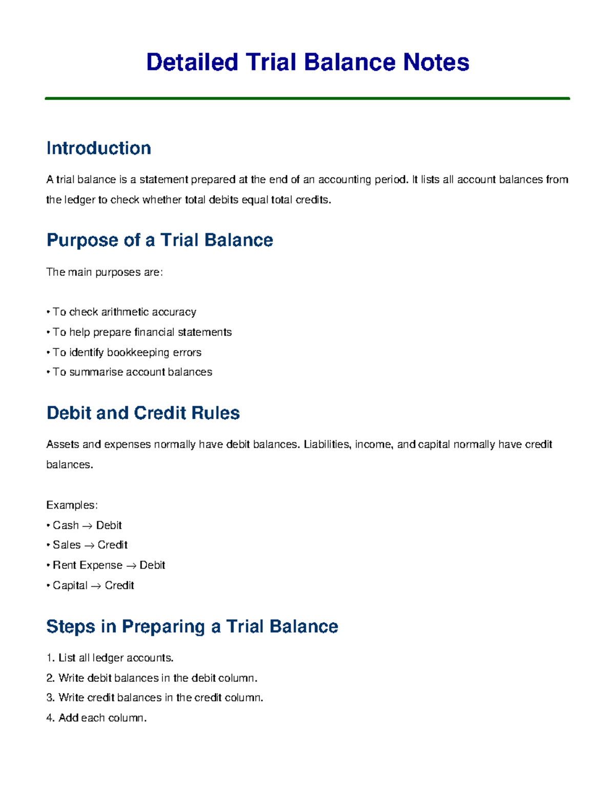 Trial Balance Notes: Key Concepts and Preparation Steps - Studocu