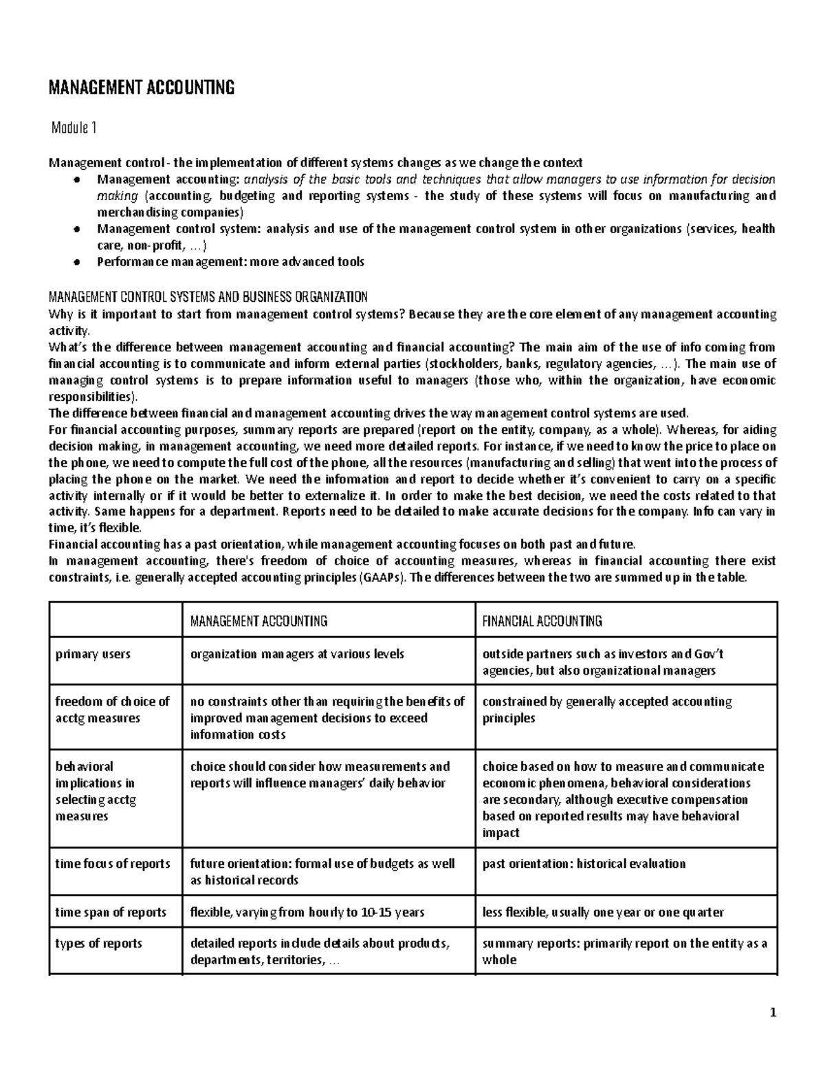 MANAGEMENT ACCOUNTING Module 1: Control Systems & Decision-Making Tools ...