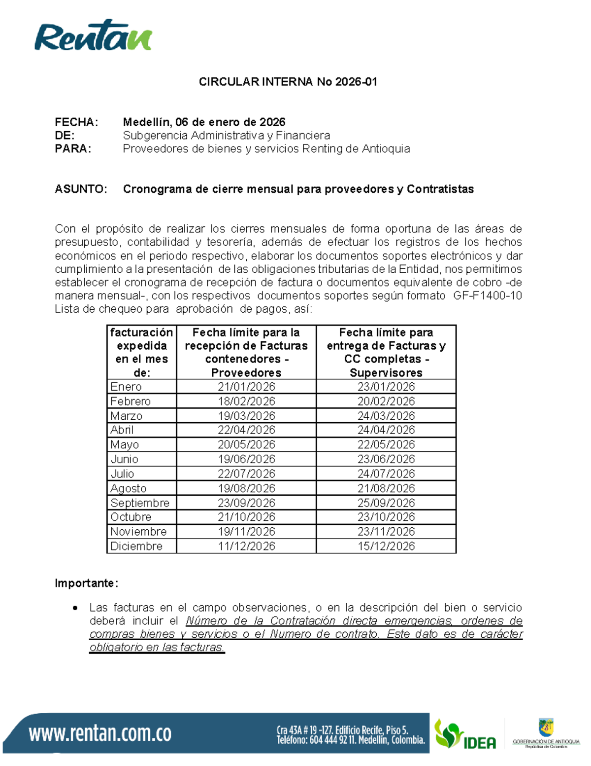 Cronograma de Cierre Mensual para Proveedores - Circular 2026 - Studocu