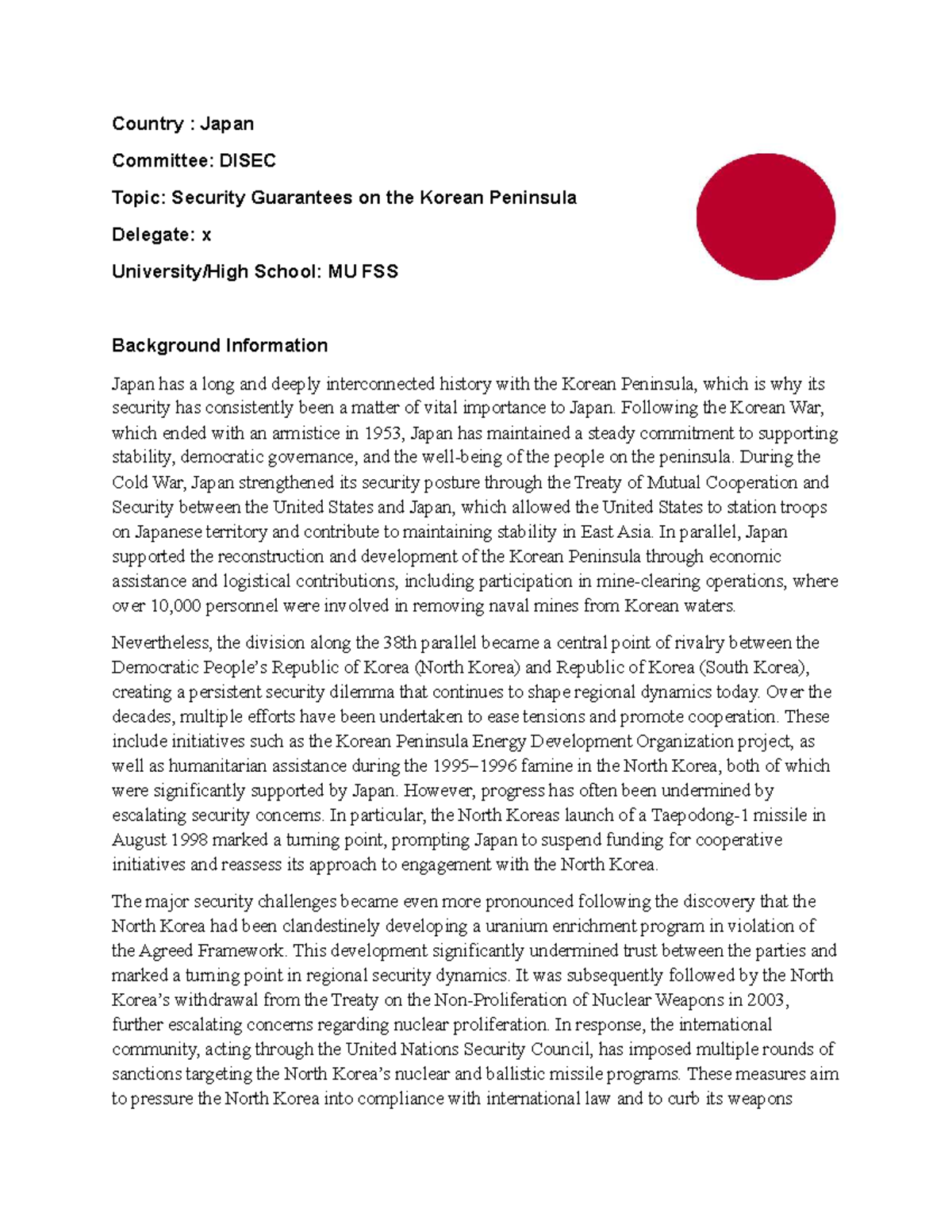 Japan's Position Paper on Security Guarantees in DISEC: Korean ...