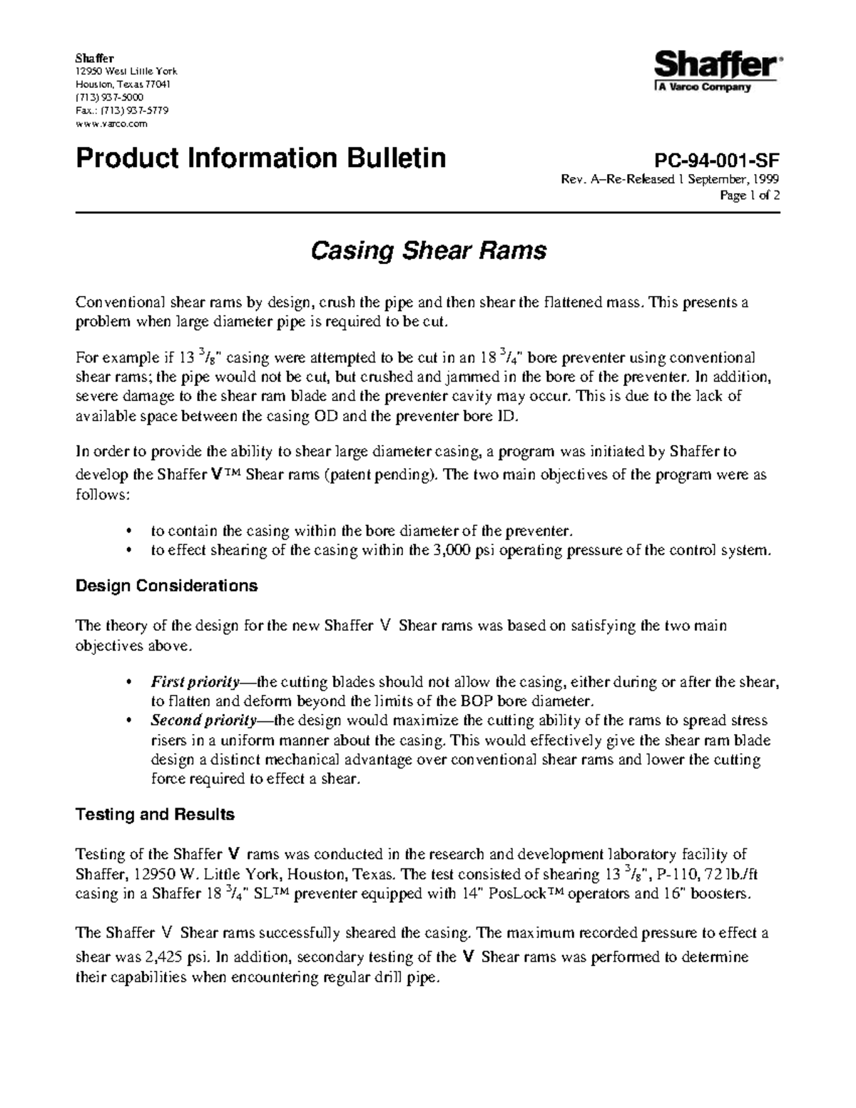 BOP Casing Shear Rams: Technical Bulletin PC-94-001-SF - Studocu