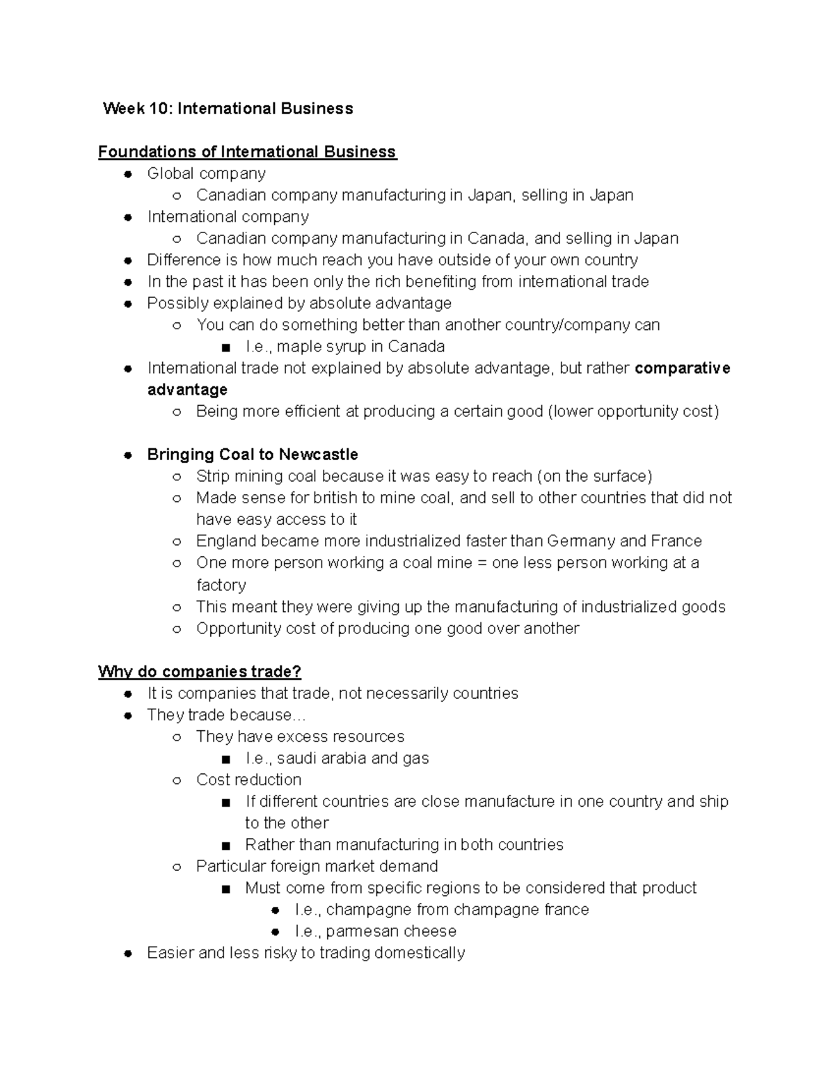 MGMT 101: International Business Class Notes - Week 10 Summary - Studocu