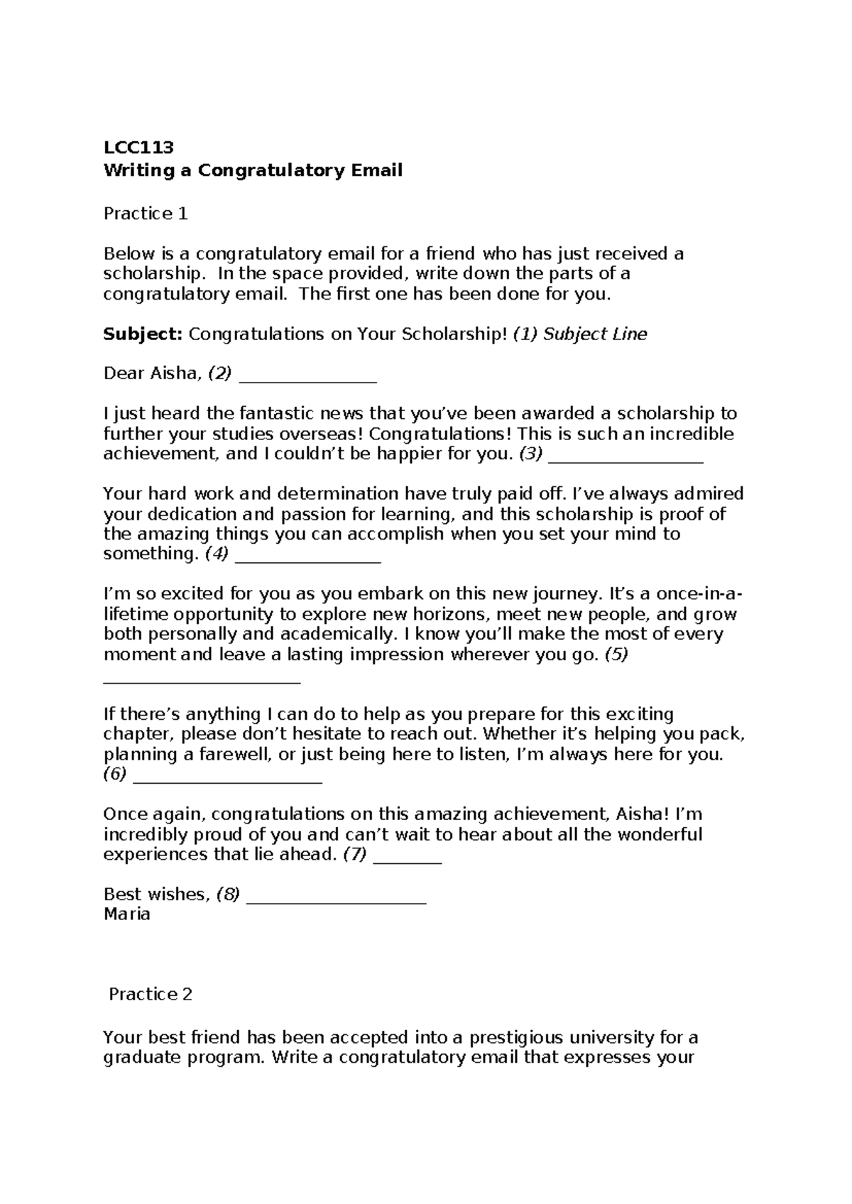 LCC113 Congratulatory Email Activity: Writing Practice and Examples ...