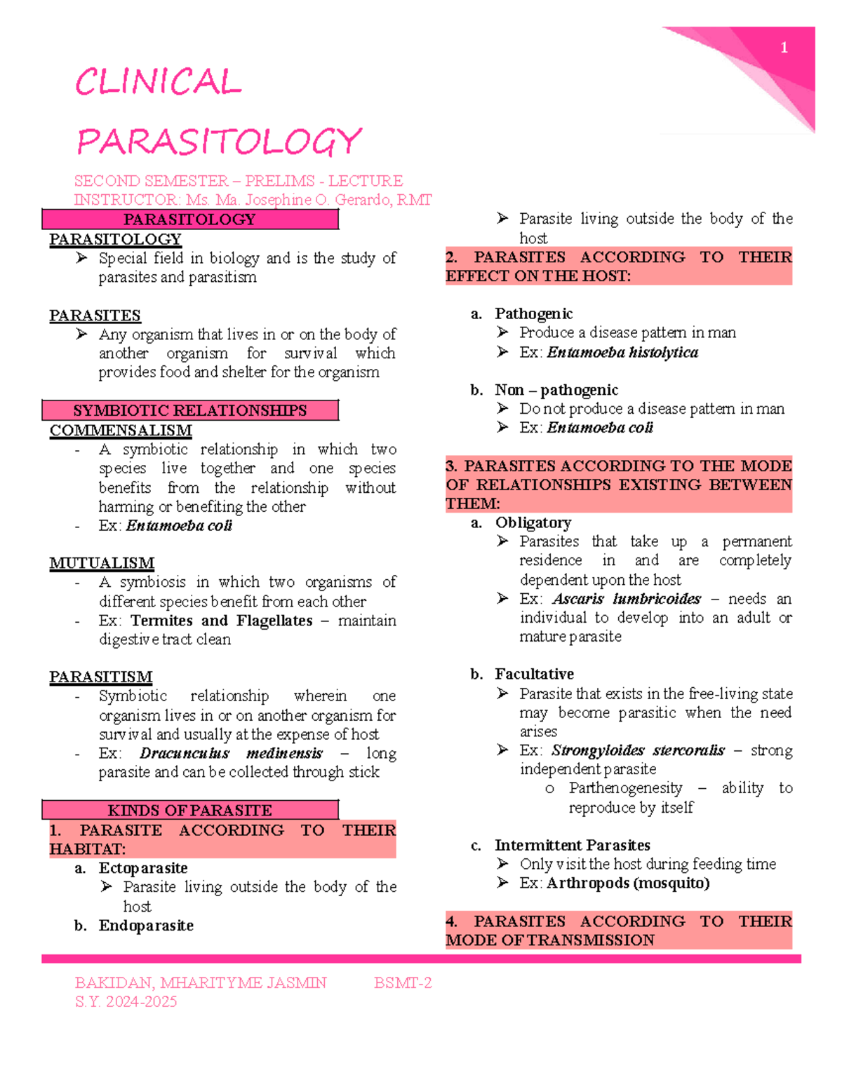 Clinical Parasitology 2nd Sem Prelims Lecture Notes by Ms. Gerardo ...