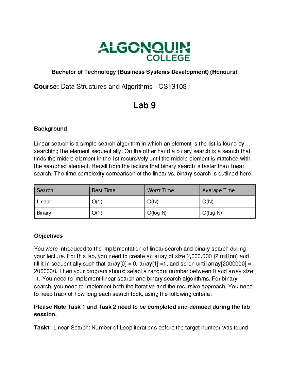 CST3108 Lab 9: Linear vs. Binary Search Algorithms Analysis - Studocu