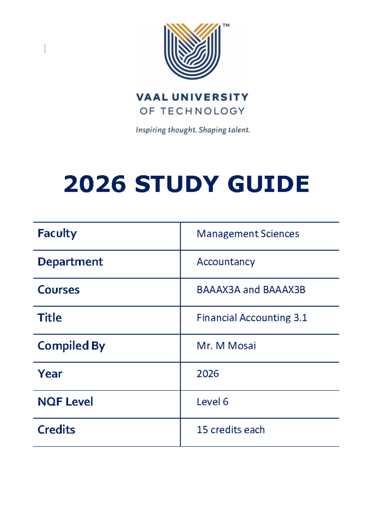 Financial Accounting 3.1 Study Guide 2026 - Compiled by M. Mosai - Studocu