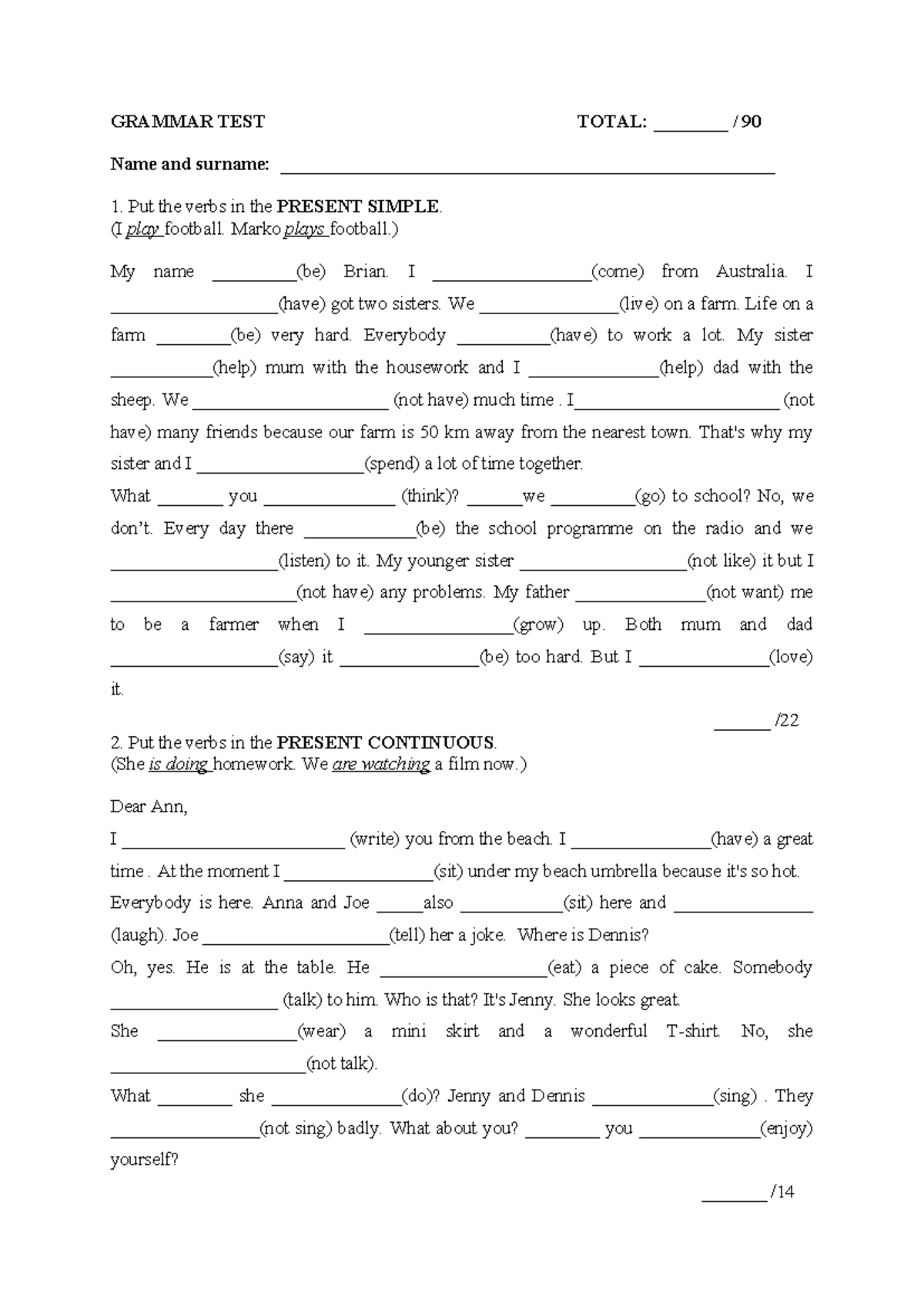 Grammar Test - ENG 3373: Present Tenses and Past Forms - Document Preview