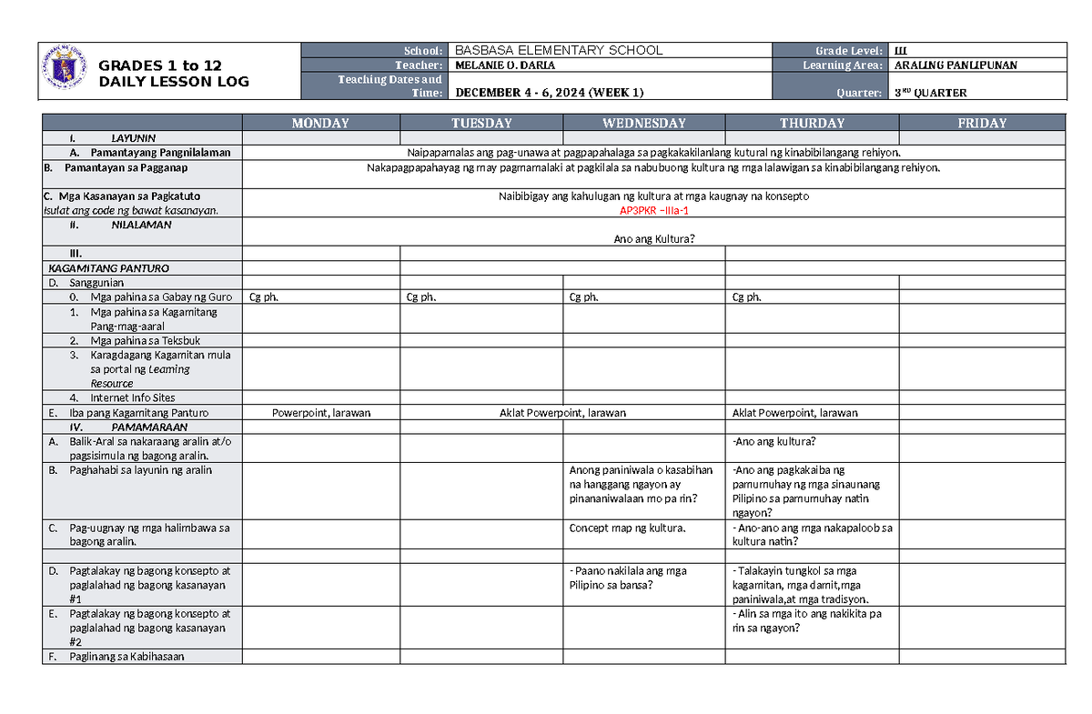 DLL Araling Panlipunan 3 Q3 W1 - GRADES 1 to 12 DAILY LESSON LOG School ...