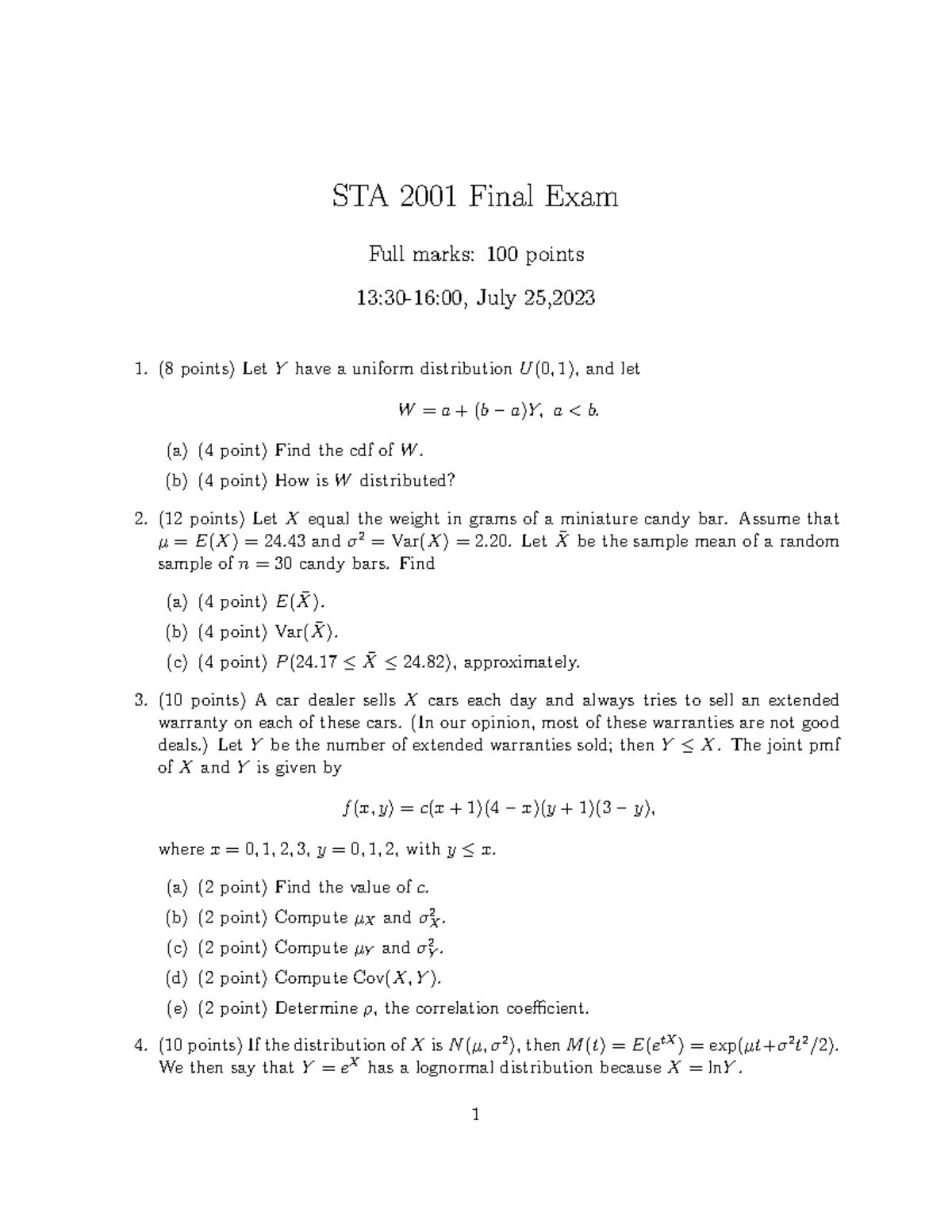 STA2001 2023 Summer Final Exam Sample Questions and Solutions - Studocu