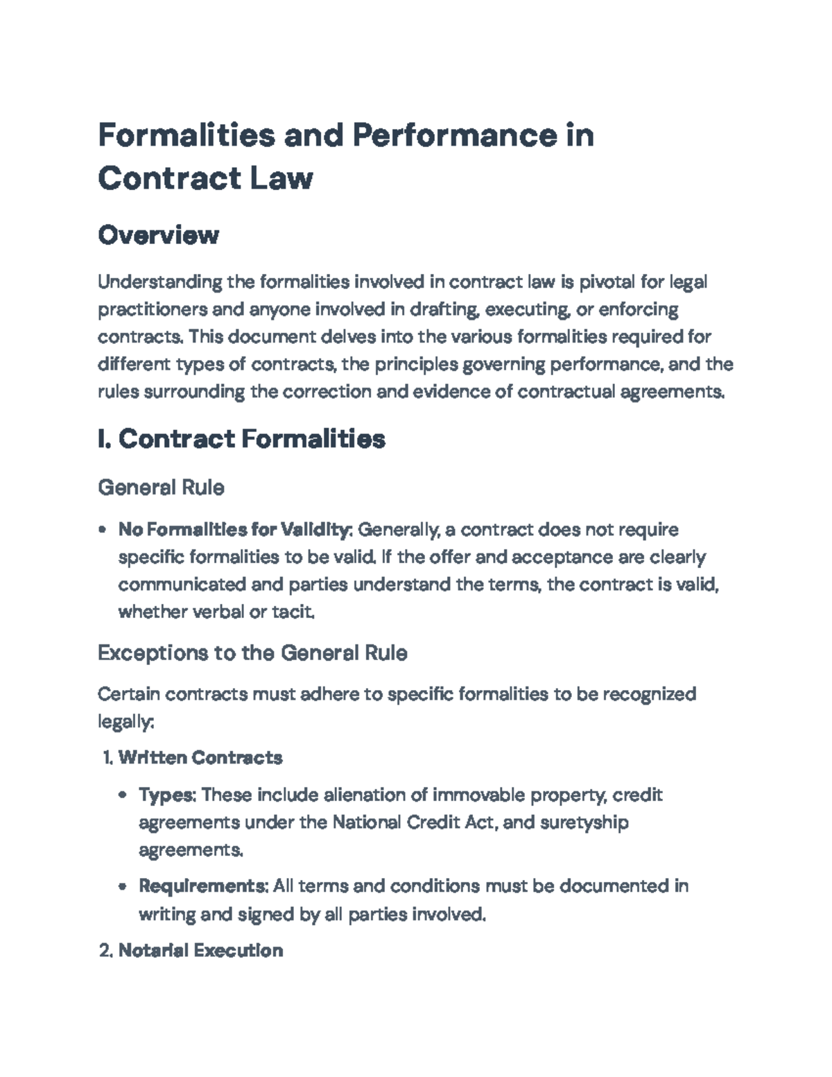 Formalities and Performance Principles in Contract Law Overview ...