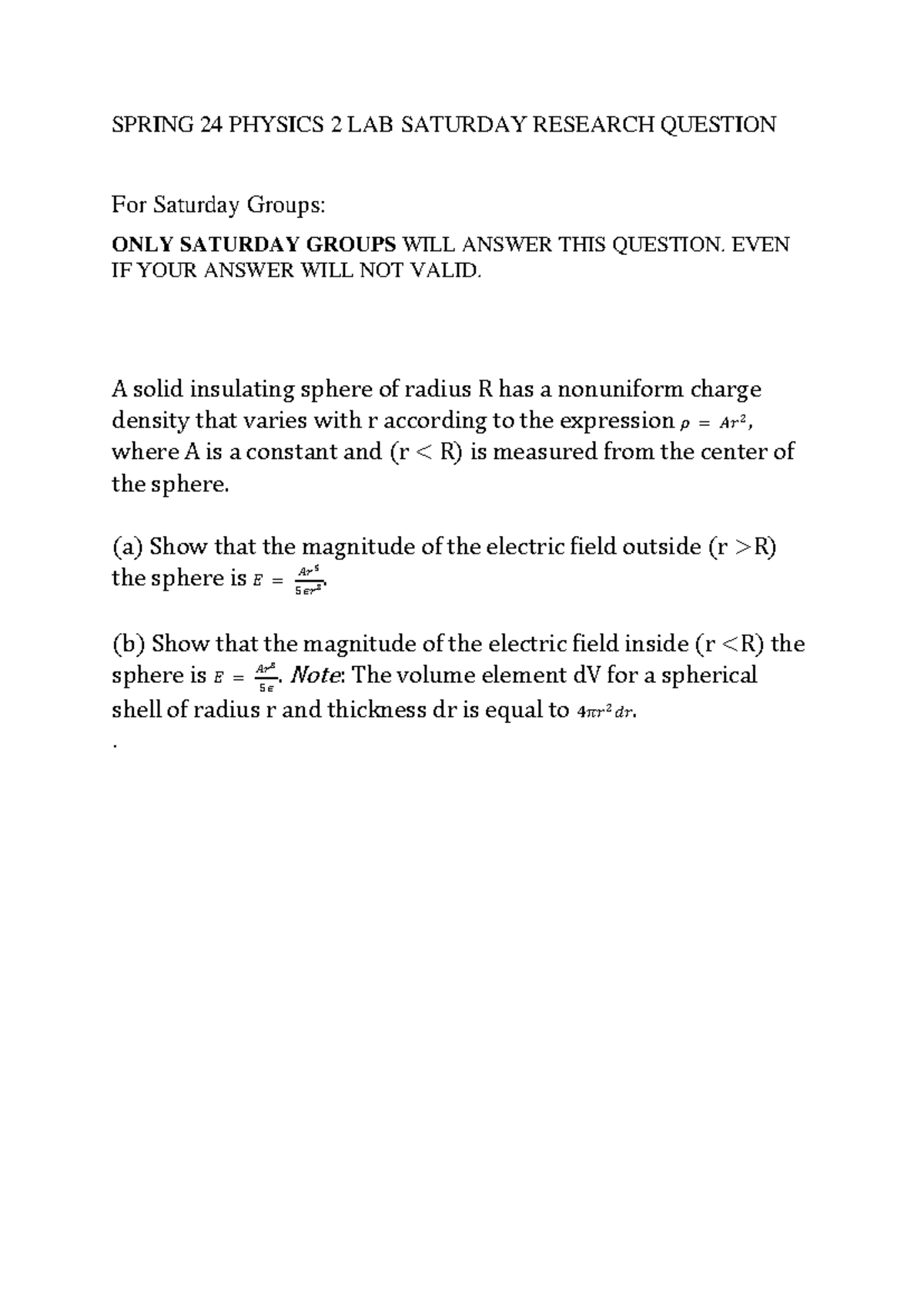 Spring 24 Physics 2 LAB Saturday Research Question - SPRING 24 PHYSICS ...