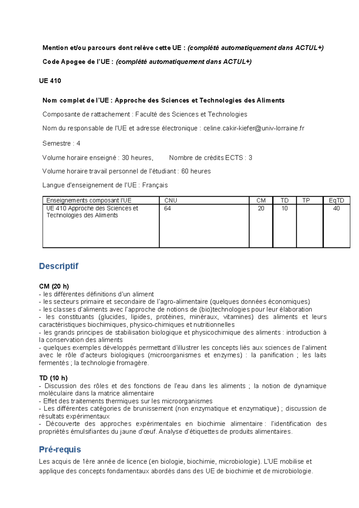 Fiche UEO 410 : Approche des Sciences et Technologies des Aliments ...