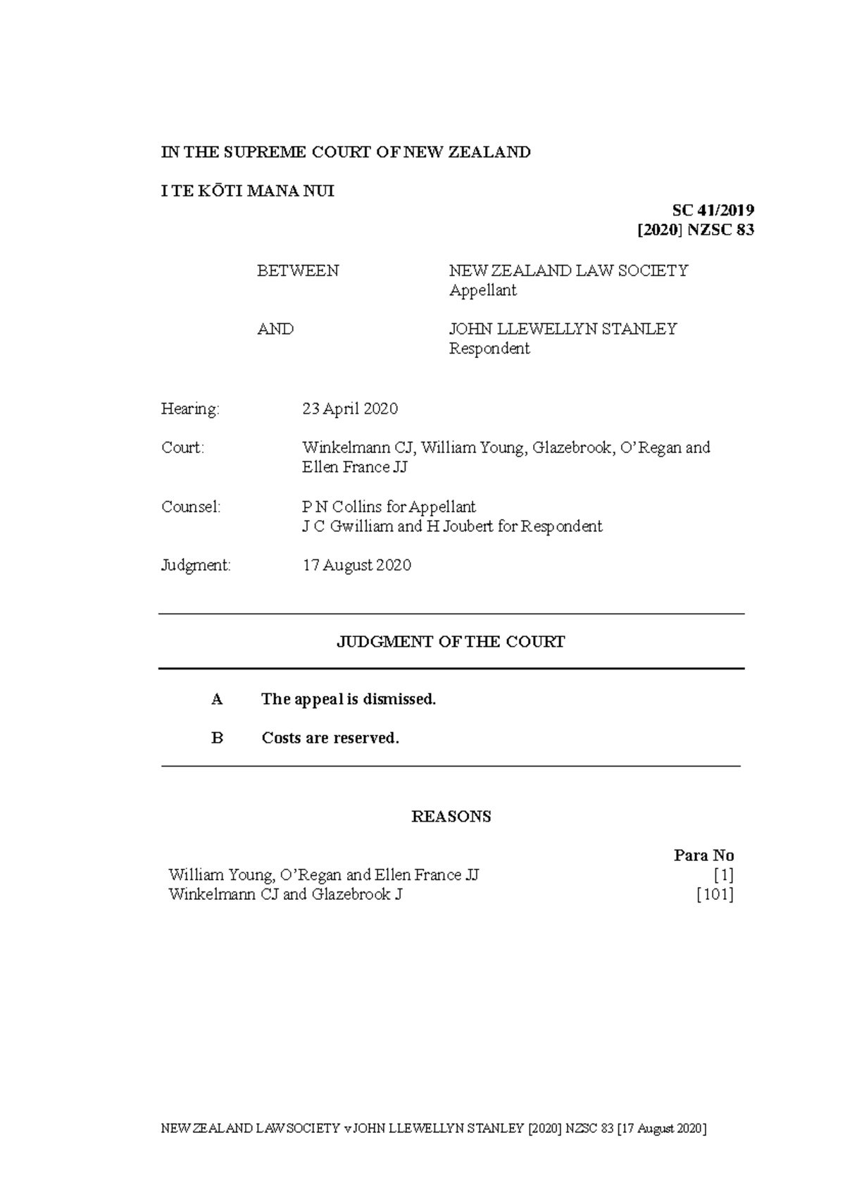 Stanley Case Analysis - NZ Law Society v John Llewellyn Stanley [2020 ...