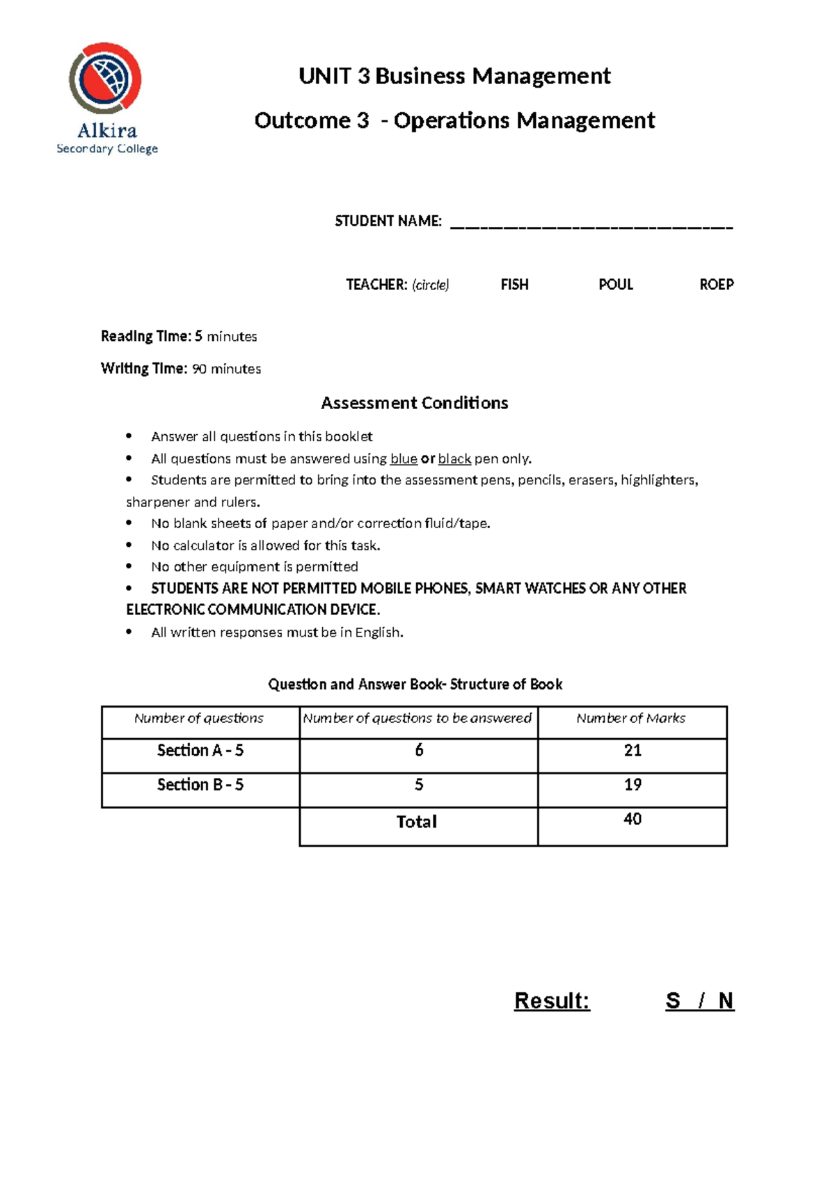 Unit 3 AOS SAC - 2023 - Business Management Operations Assessment - Studocu