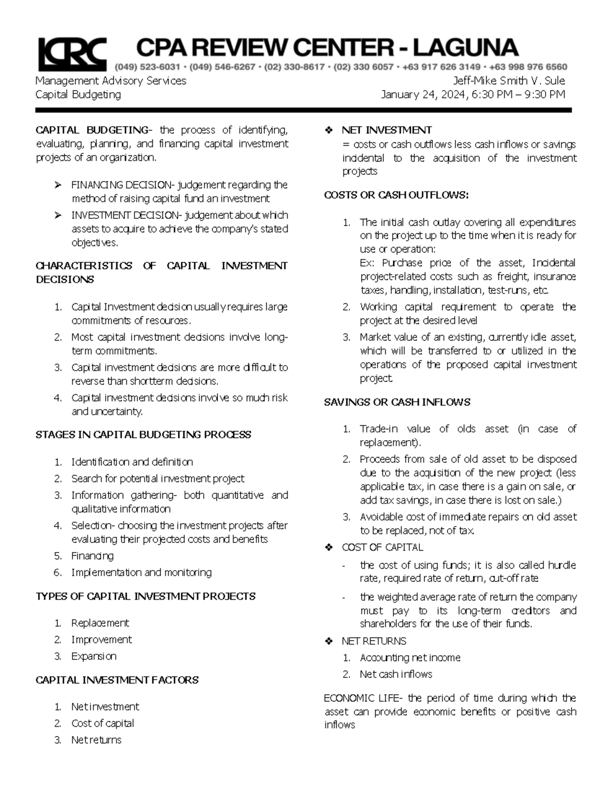 Capital Budgeting Overview & Evaluation Methods: ACC 101 - Studocu