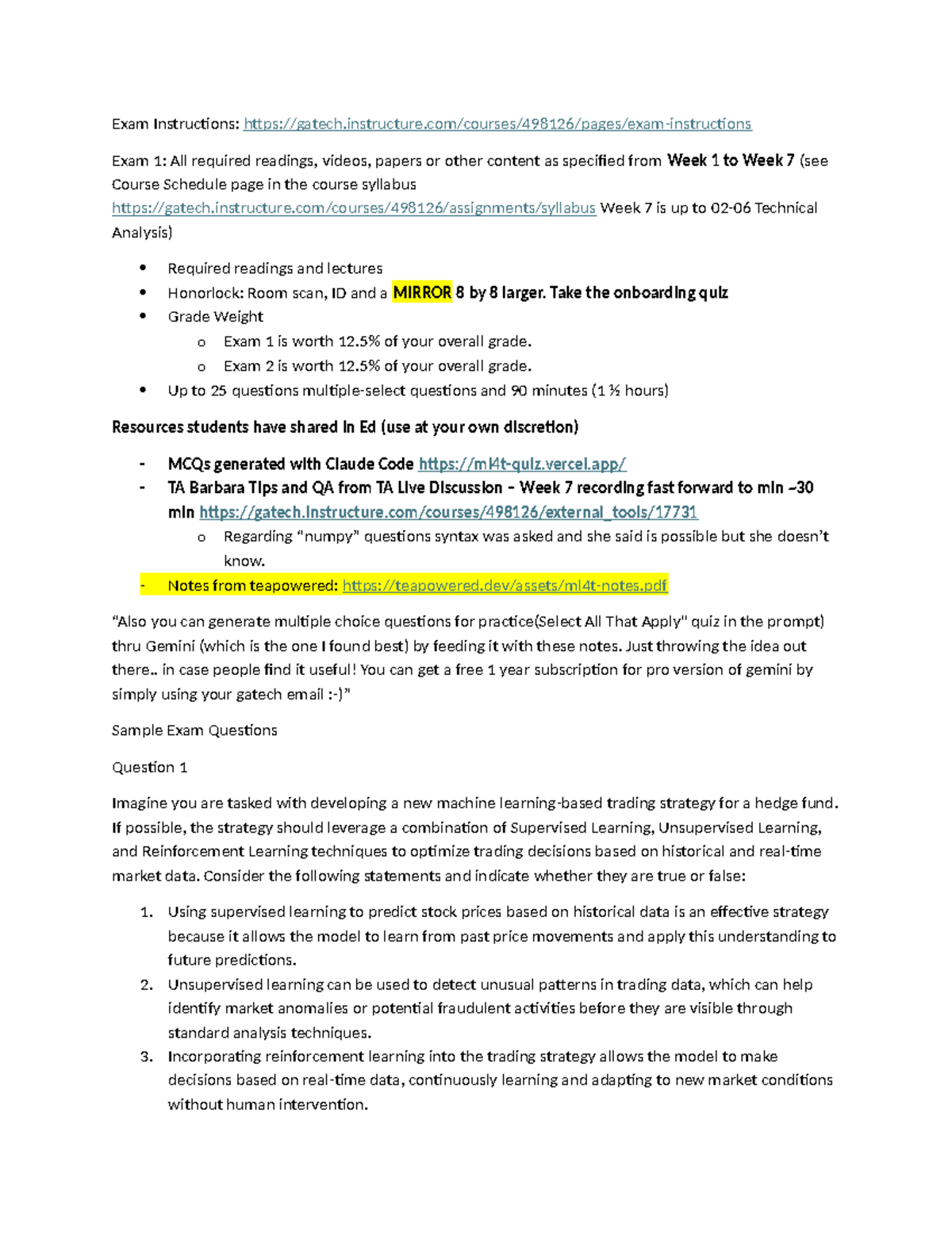 ML4T Exam 1: Notes & Review Material for Weeks 1-7 - Studocu