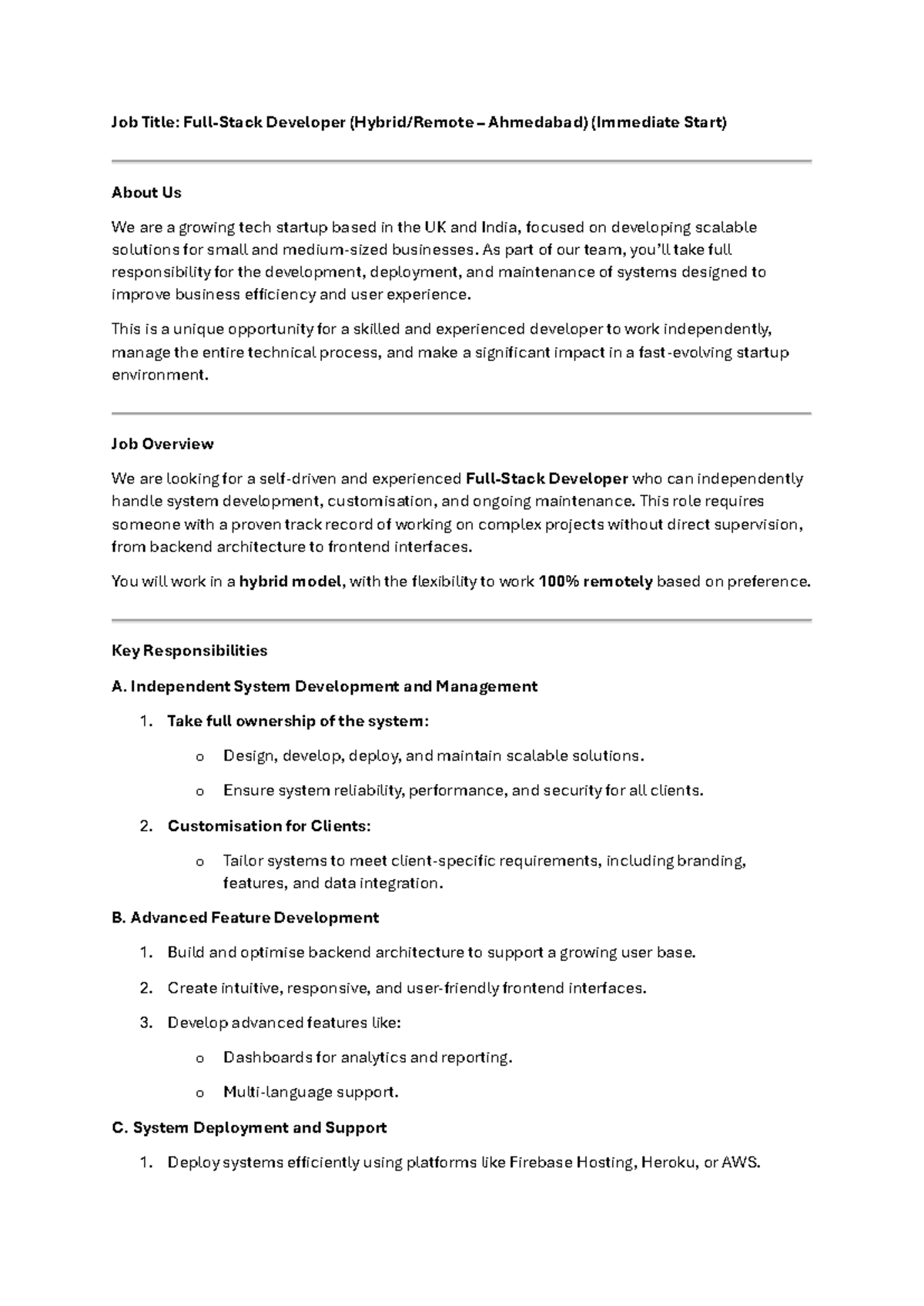 Job Description Startup - Job Title: Full-Stack Developer (Hybrid ...
