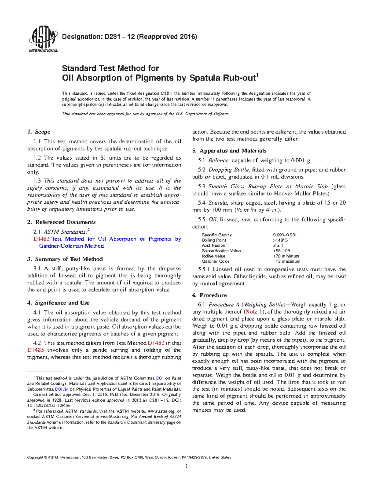 Standard Test Method for Oil Absorption of Pigments (D281 12) - Studocu