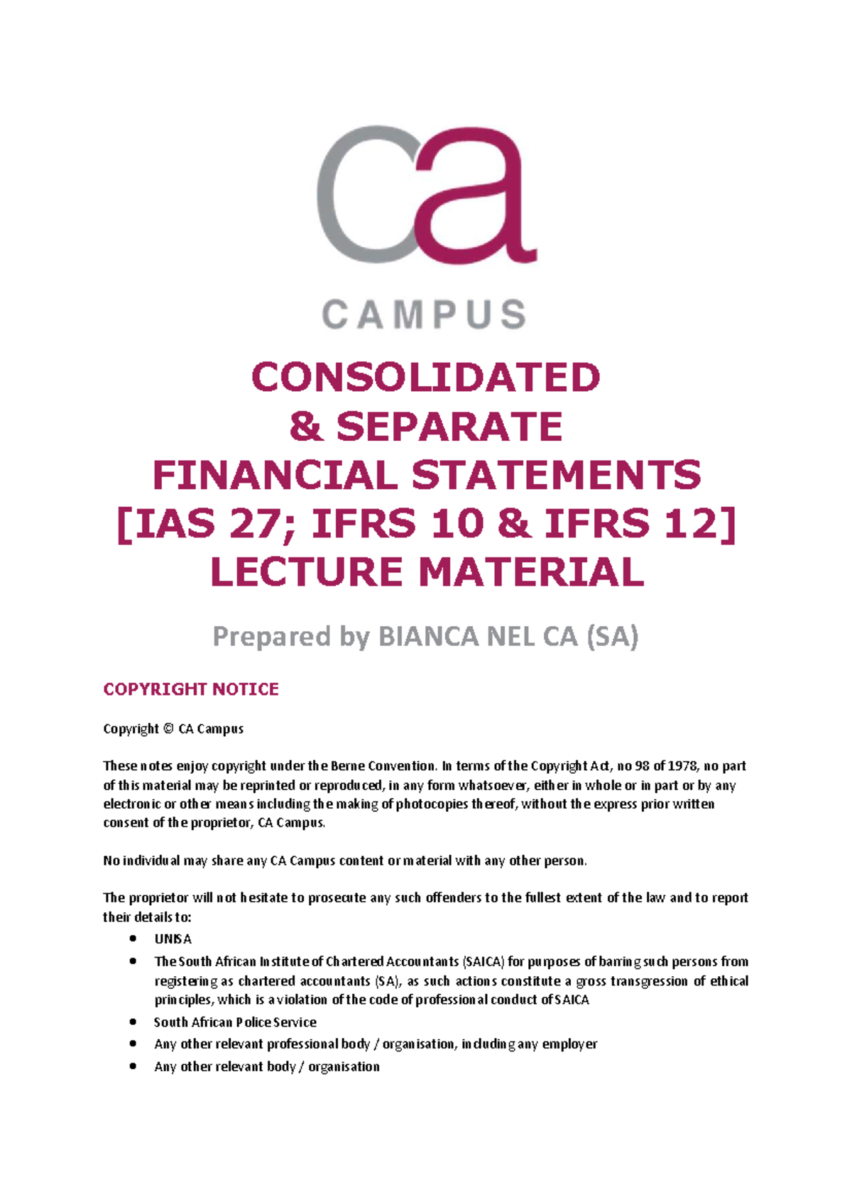 IFRS 10 Consolidated Financial Statements Lecture Notes - CA Campus ...