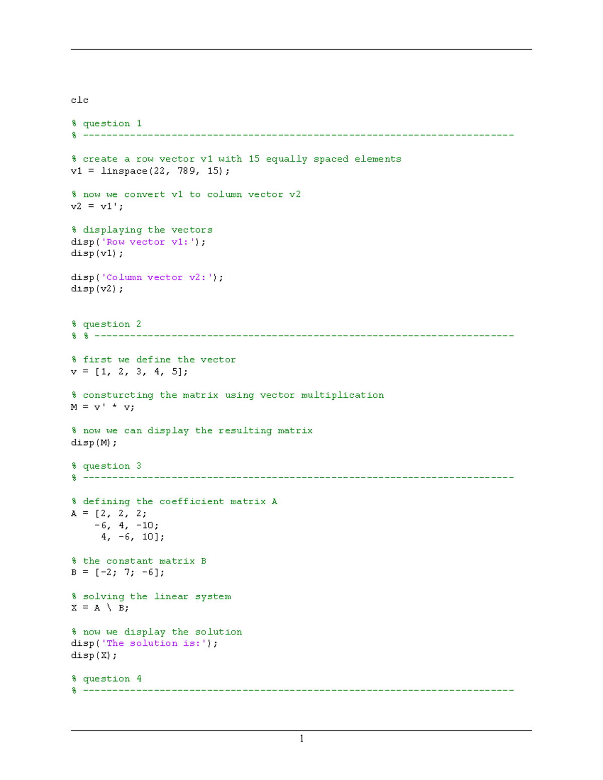 Matlab mock test - HELO - clc % question 1 % - % create a row vector v1 ...