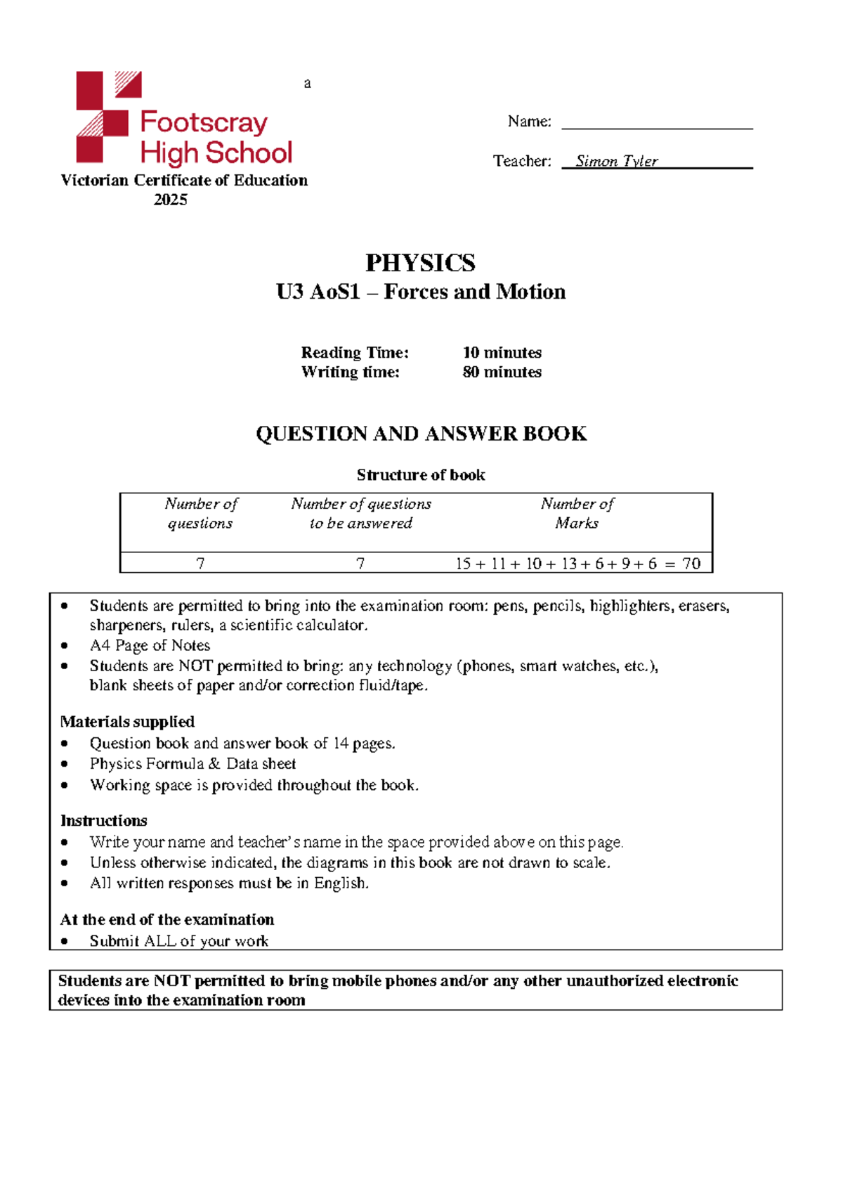 2025 U3 AoS1 Physics SAC 1: Forces and Motion Exam Guide - Document Preview