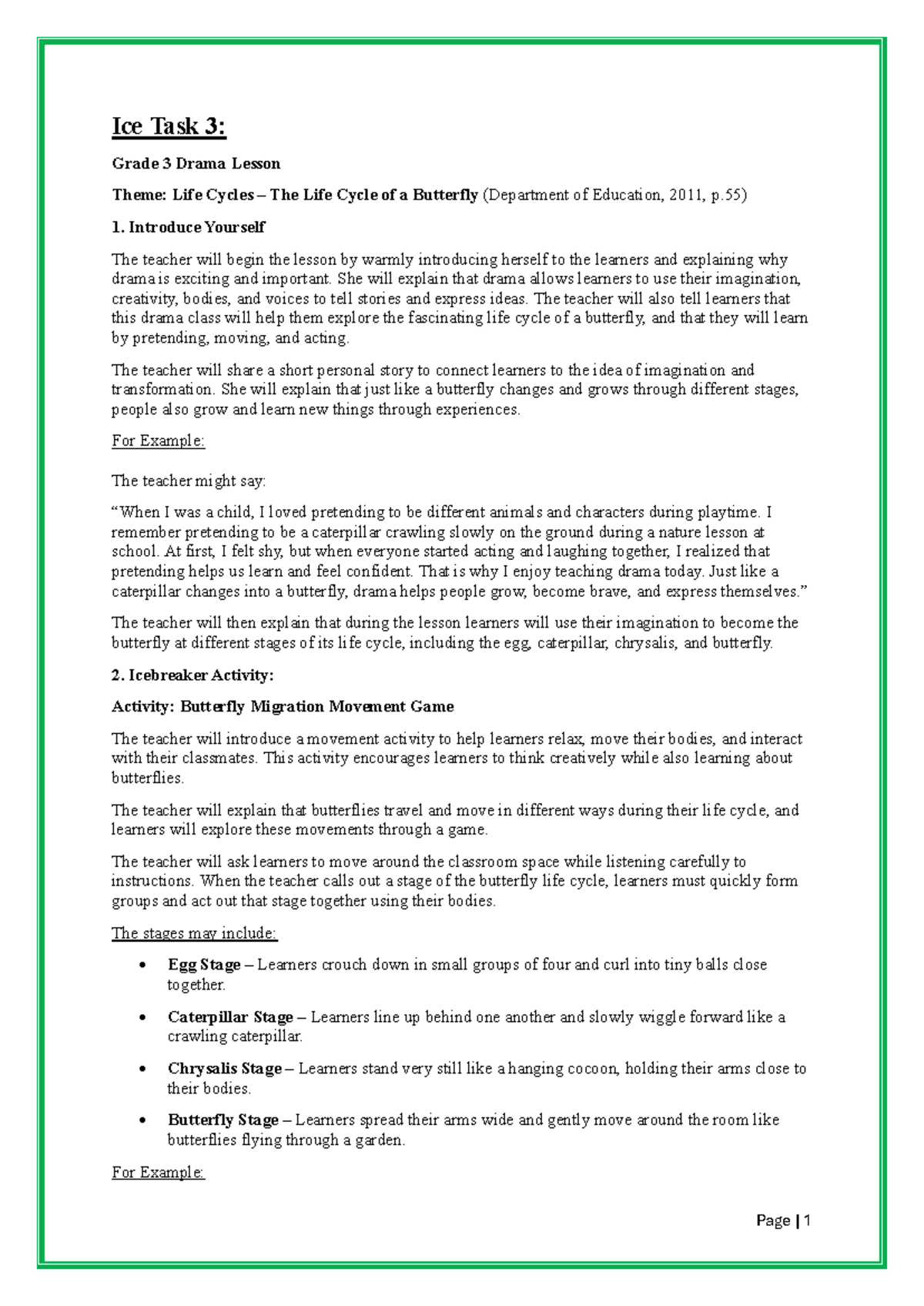 LSPD6411 Ice Task 3: Grade 3 Drama Lesson on Butterfly Life Cycles ...