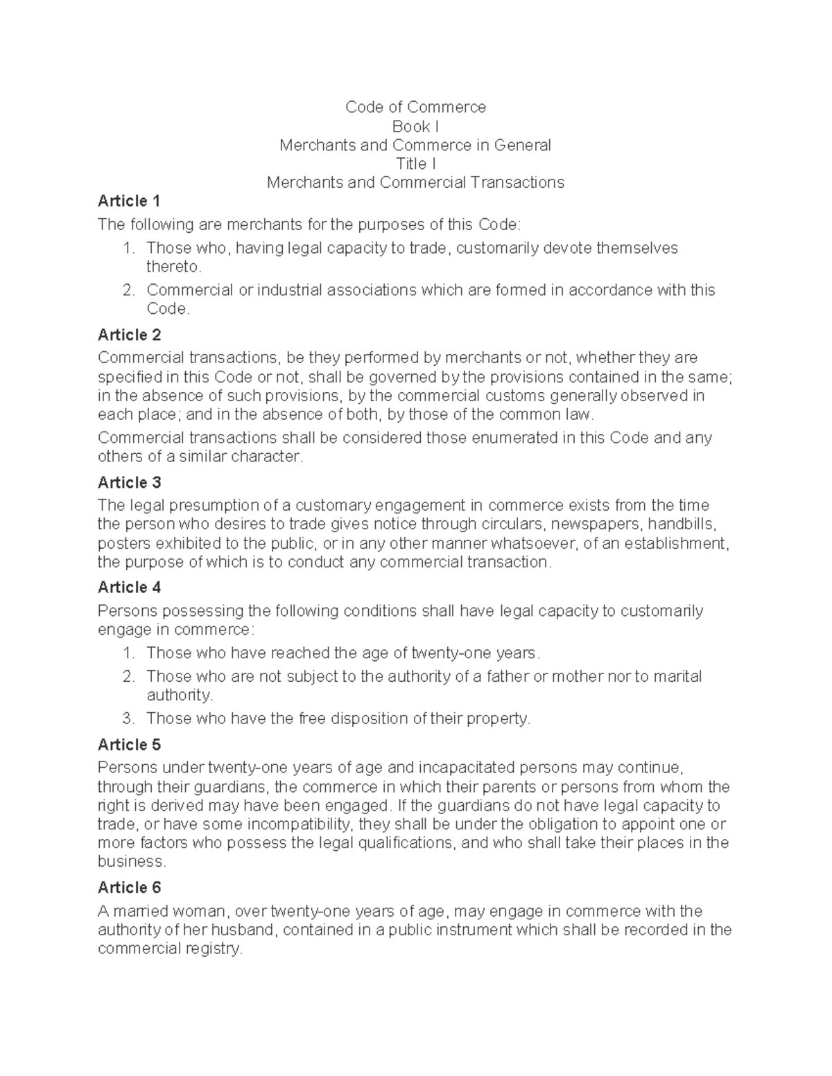 Code of Commerce (484213382): Book I - Merchants & Transactions ...
