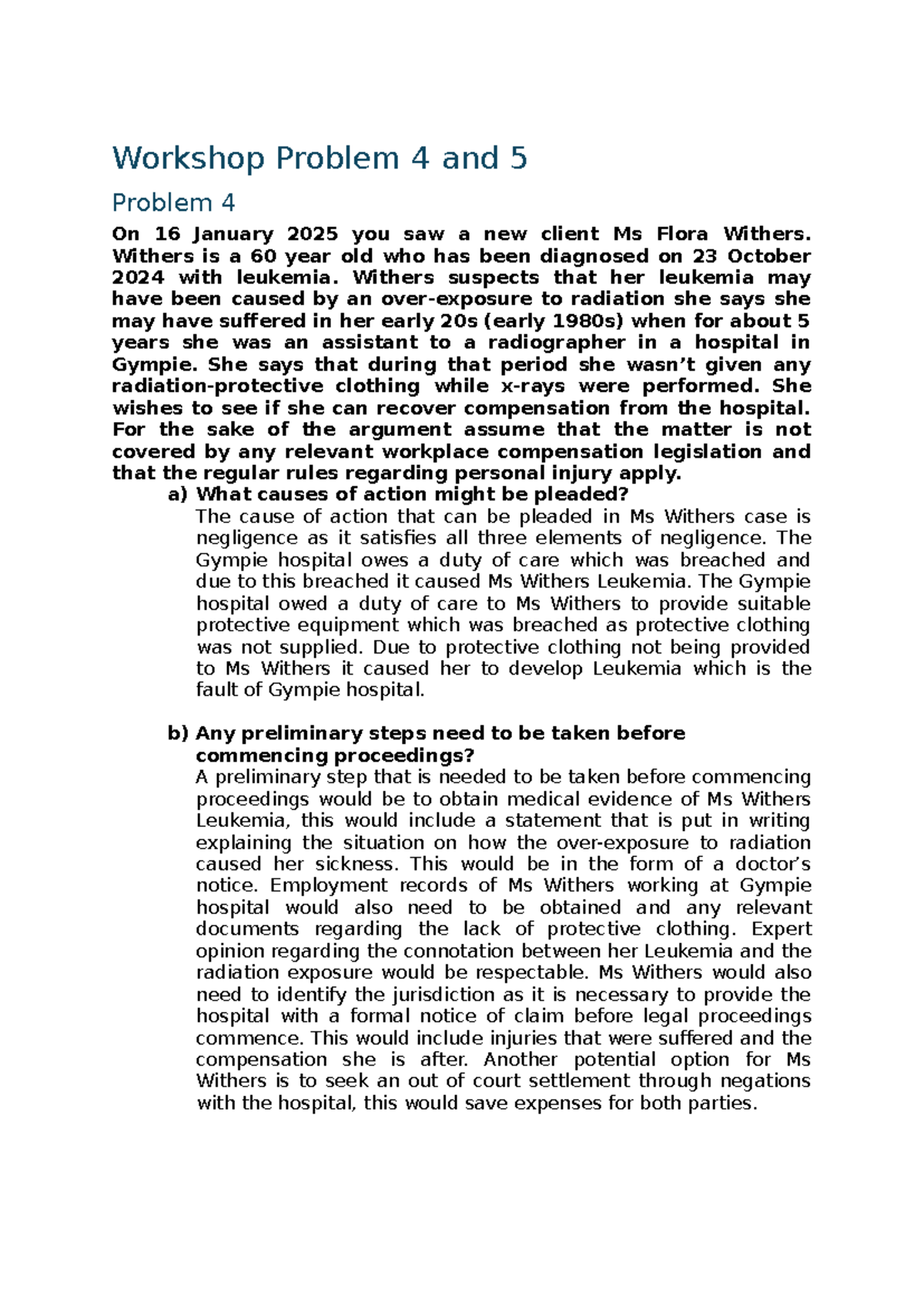Workshop Problem 4 and 5 - Workshop Problem 4 and 5 Problem 4 On 16 ...