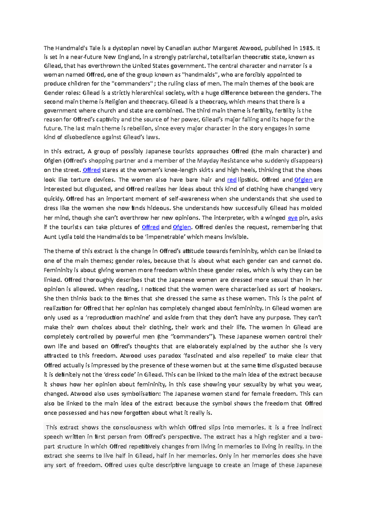 HMT - Extract Analysis: Offred's Evolving View on Femininity - Studeersnel