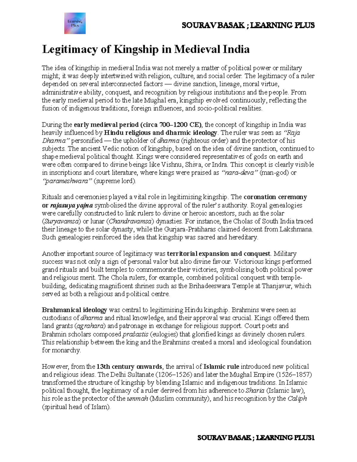SOURAV BASAK LEARNING PLUS: Kingship Legitimacy in Medieval India - Studocu