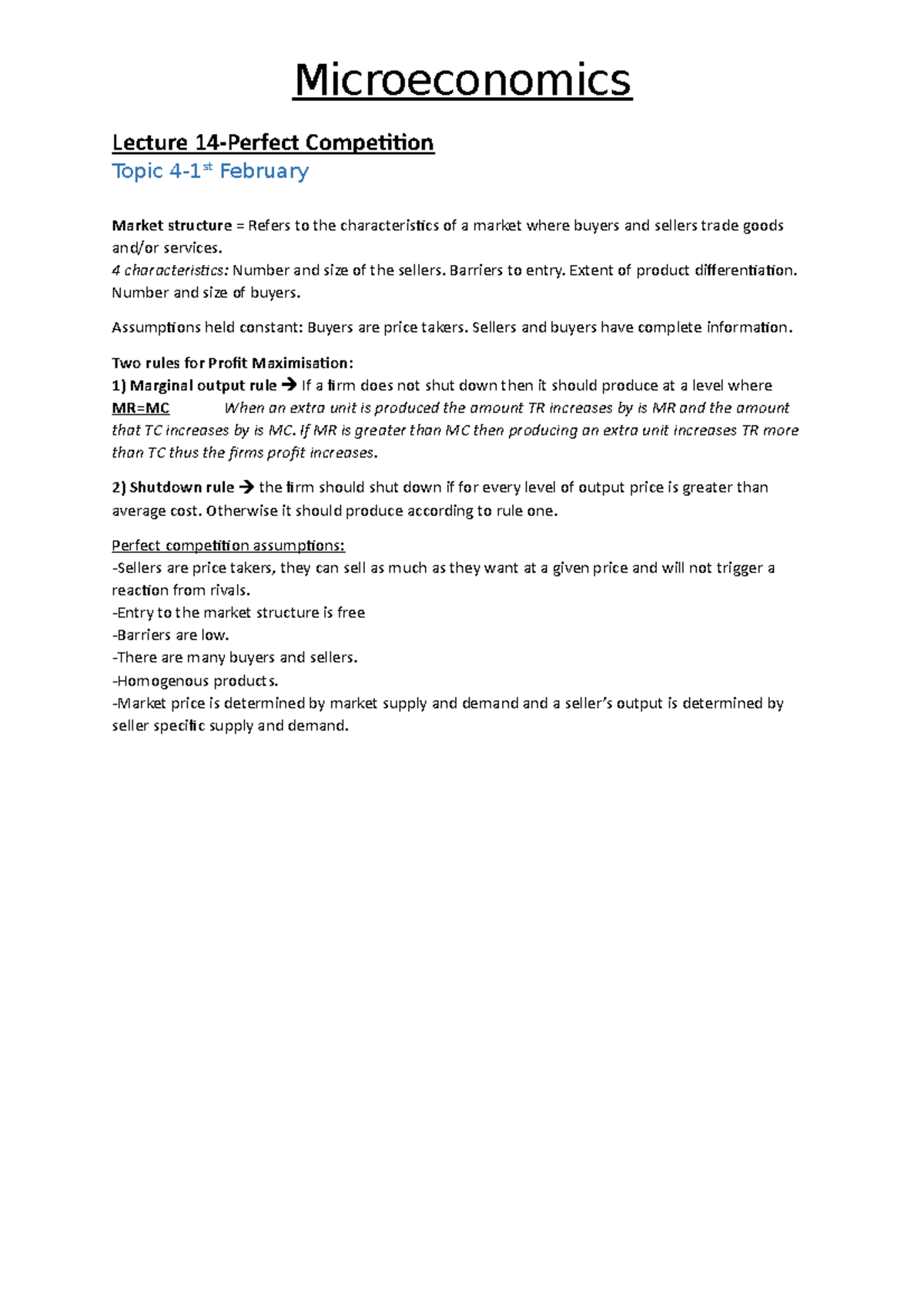 Microeconomics Semester 2 Notes - Lecture 14-Perfect Competition Topic ...