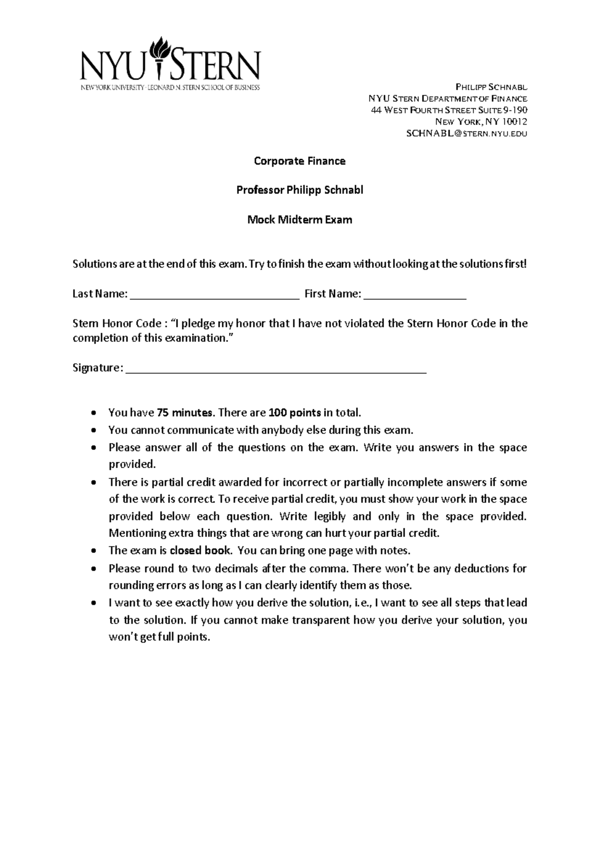 Corporate Finance Mock Midterm Exam Solutions - UGMock Spring 2023 ...