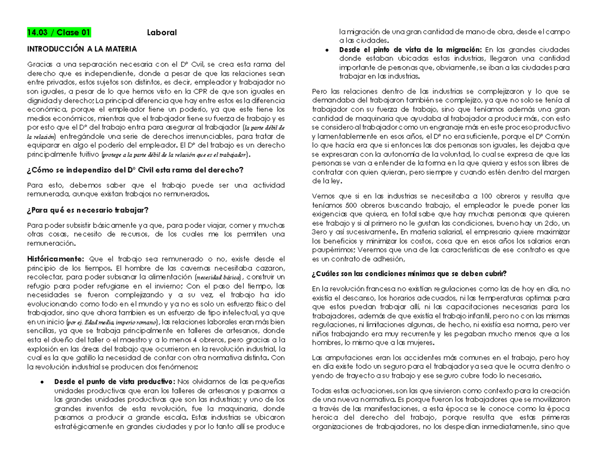 14.03 Clase 01: Introducción al Derecho Laboral y su Evolución - Studocu