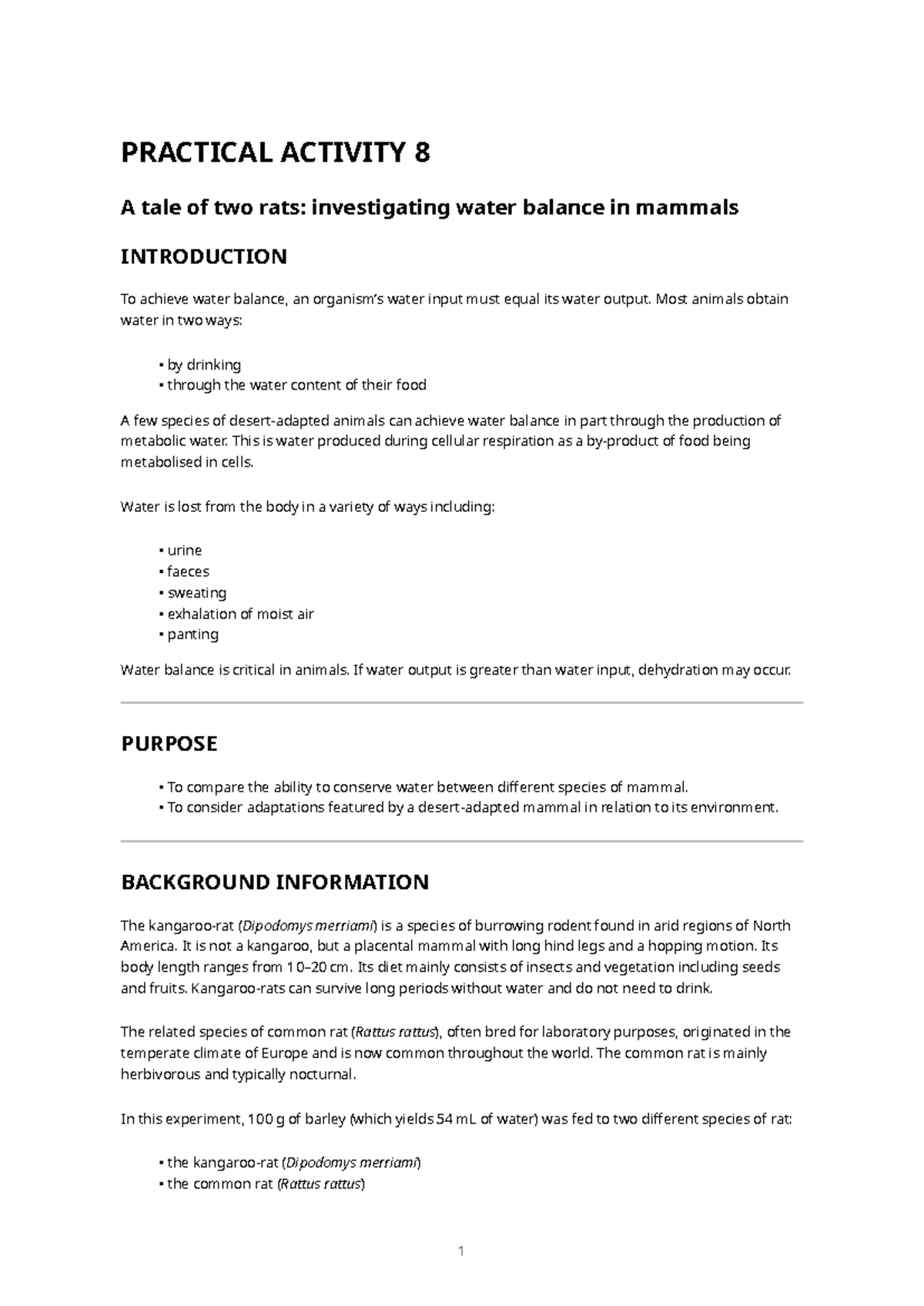 PRACTICAL ACTIVITY 8: Water Balance in Mammals - Rat Comparison - Studocu
