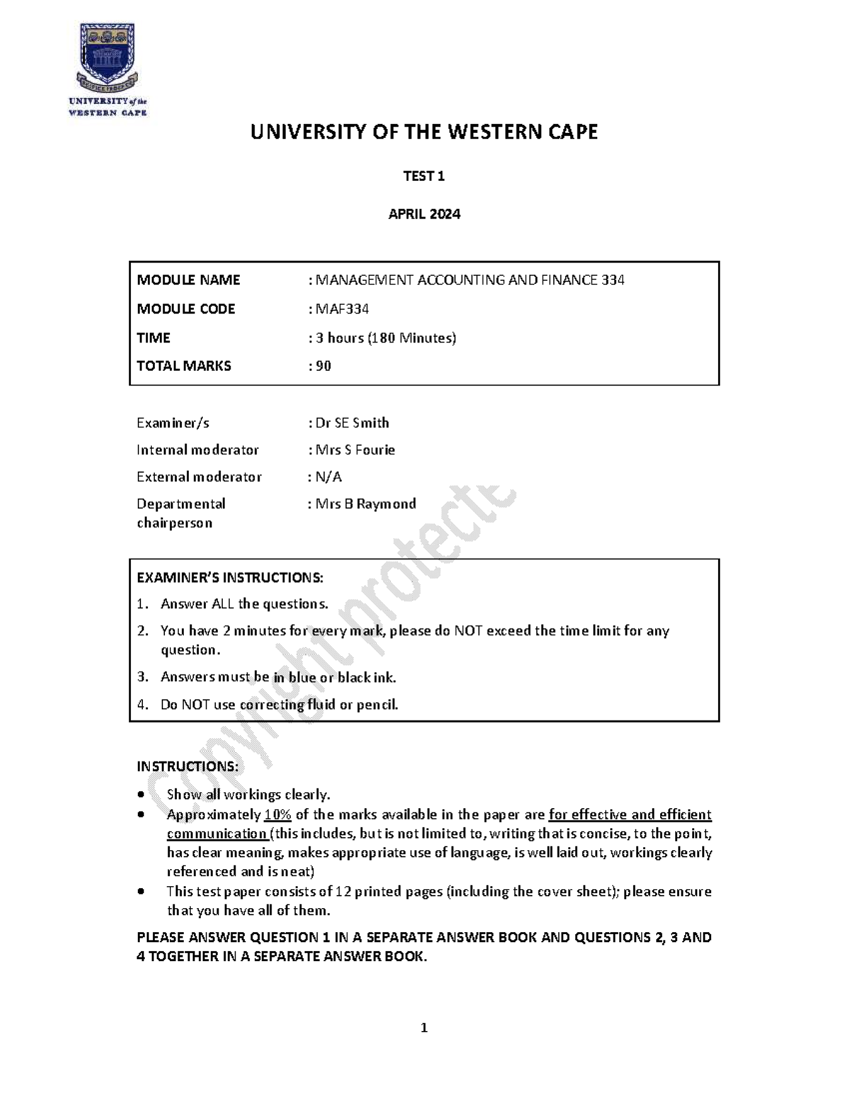 2024 MAF334 Test 1: Management Accounting & Finance Exam Paper - Studocu