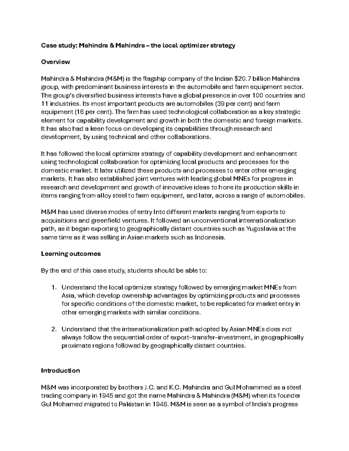 Case Study: Mahindra Mahindra's Local Optimizer Strategy Analysis - Studocu