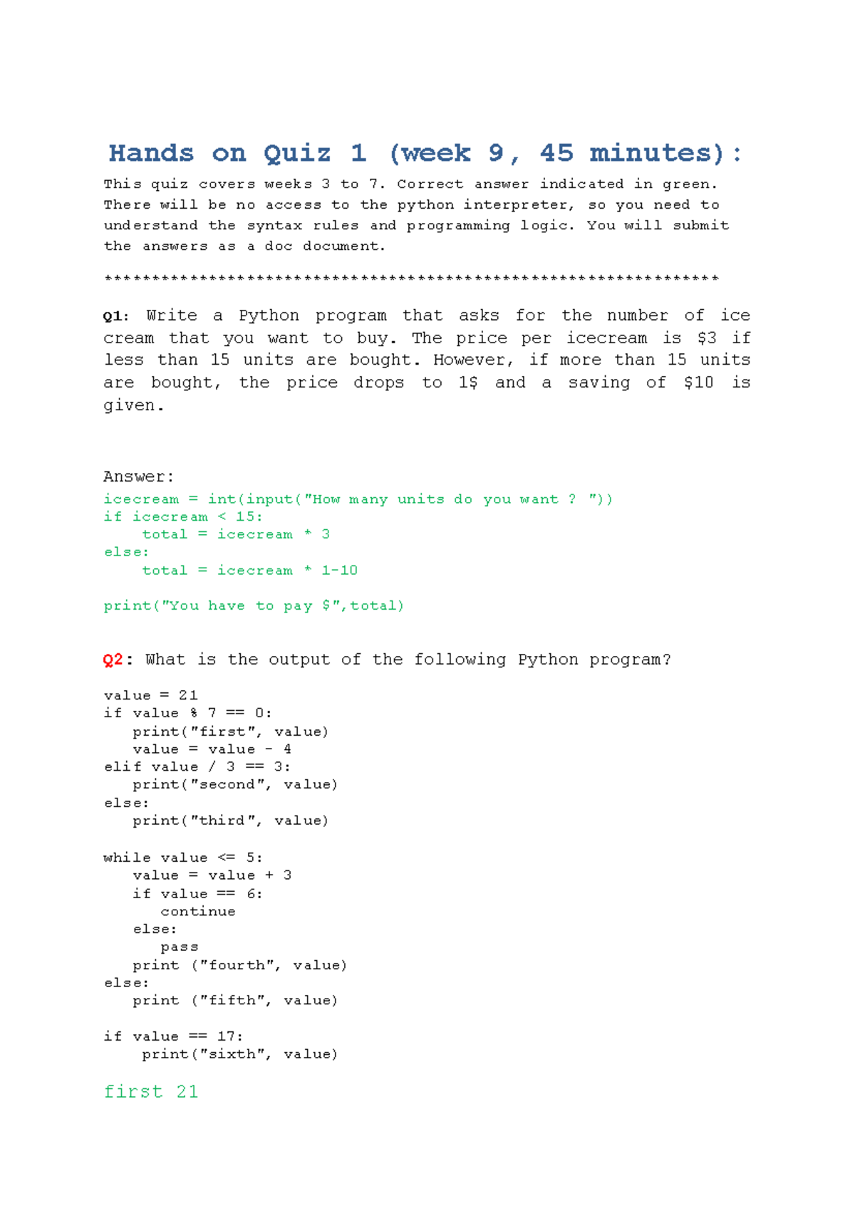 Hands-on Quiz 1 (Week 9) - Python Programming MCQs - Studocu
