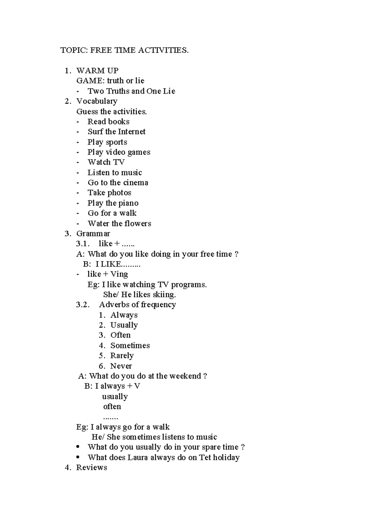 Free Time Activities: Vocabulary & Grammar Review - Studocu