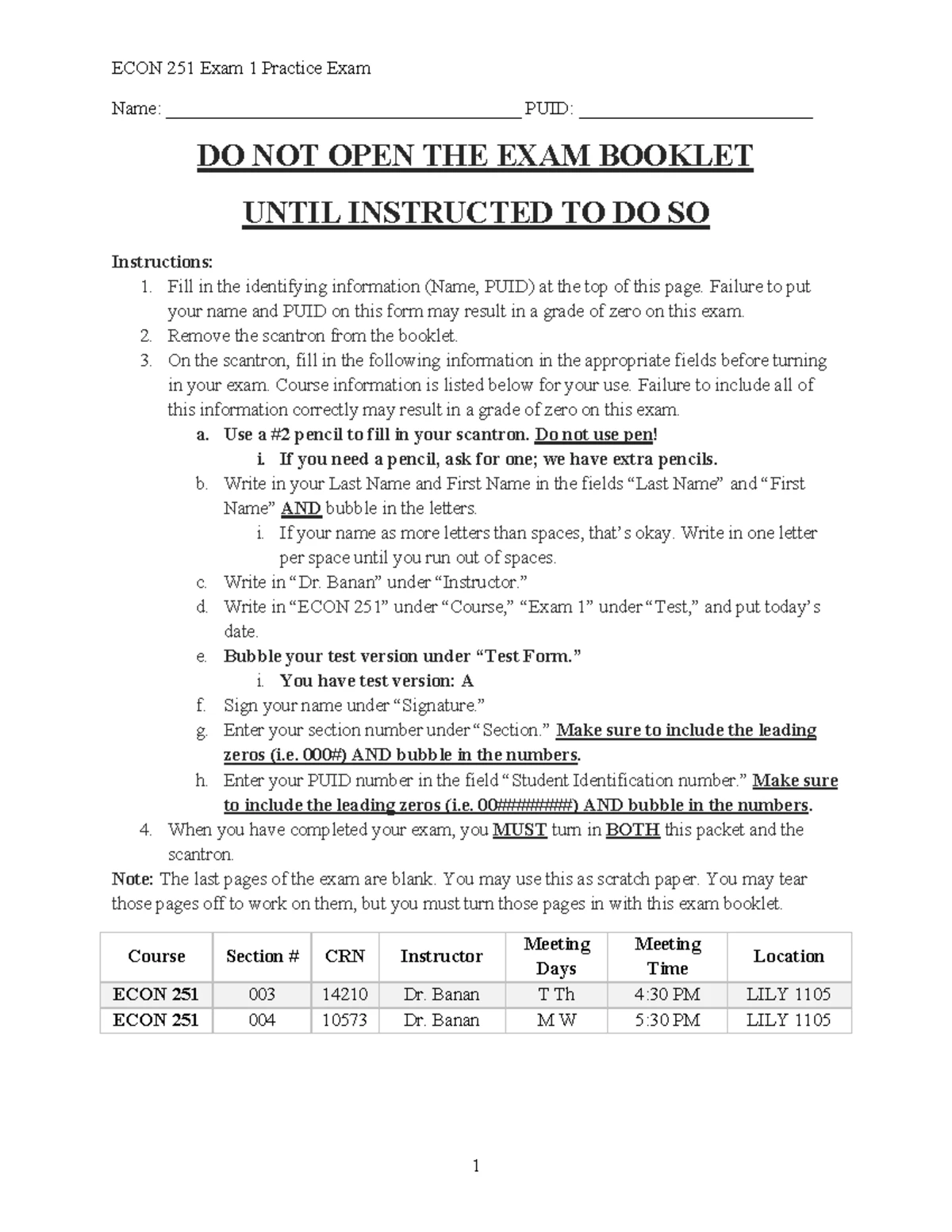 ECON 251 Exam 2 Practice Exam: Questions and Answer Key - Name: - Studocu