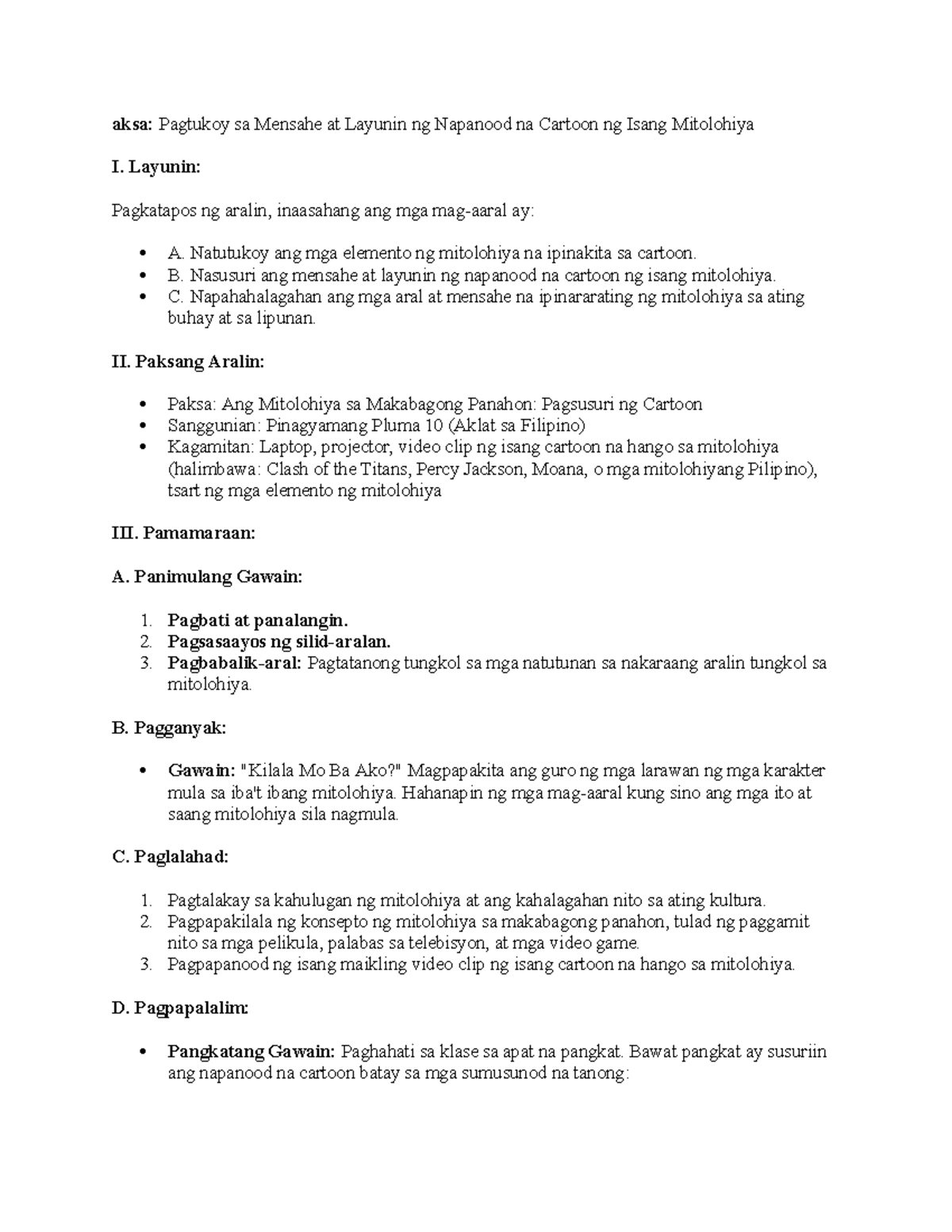 Mitolohiya Gr10 - Lesson Plan sa Pagsusuri ng Cartoon Elements - Studocu