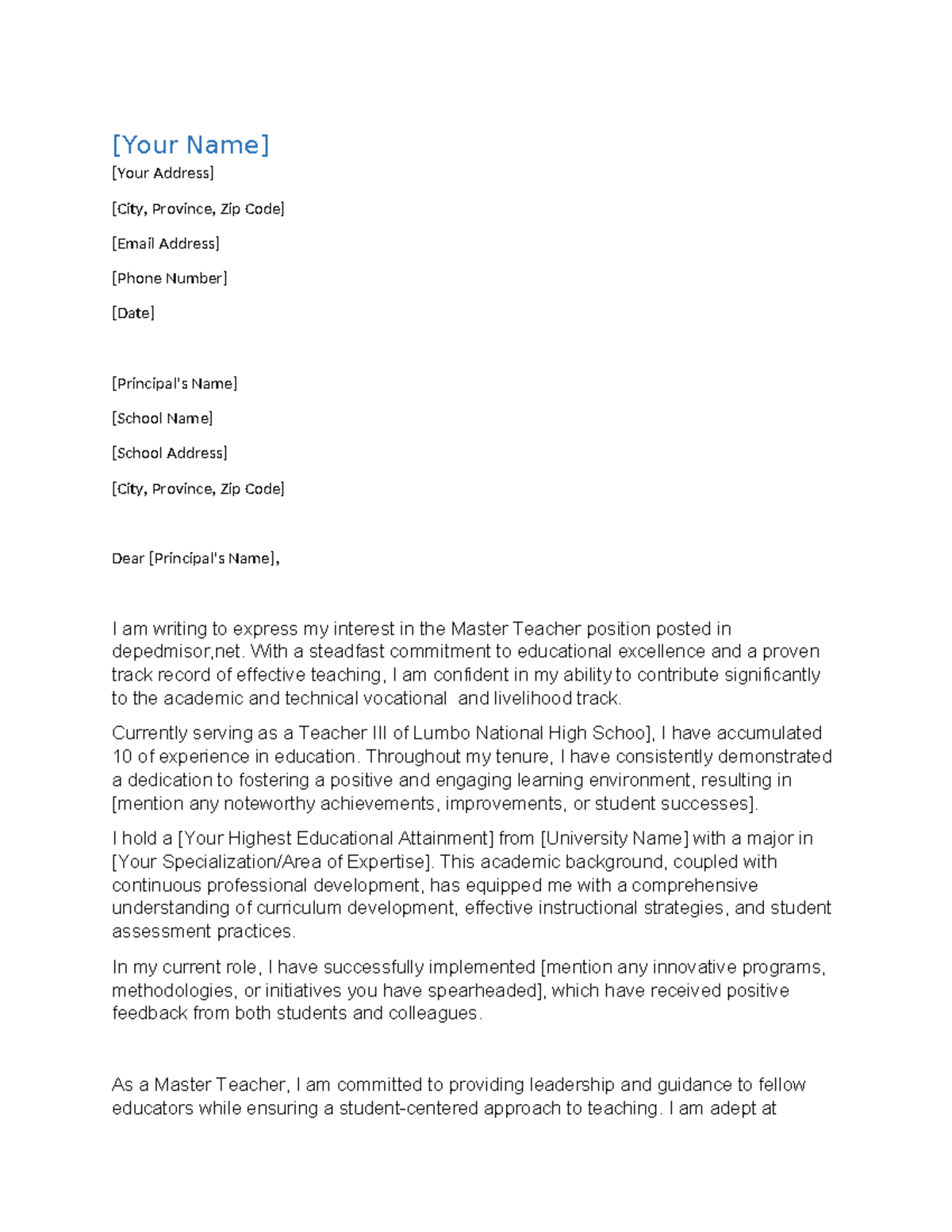 Application letter - [Your Name] [Your Address] [City, Province, Zip ...