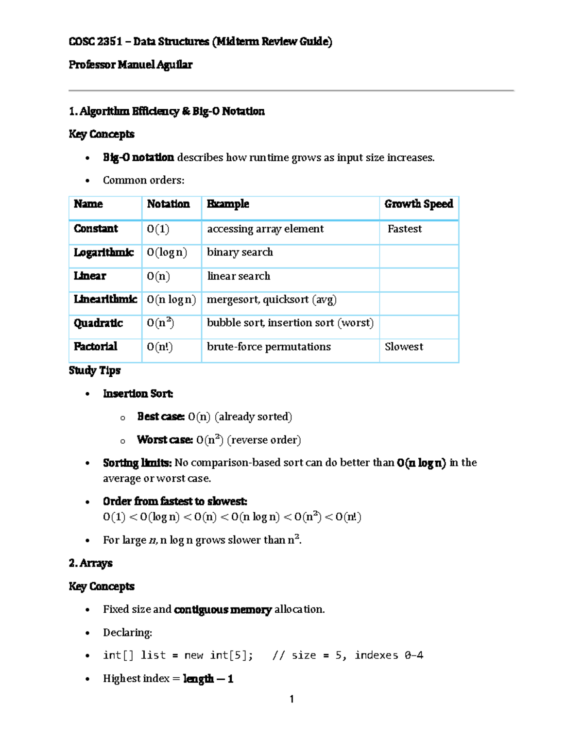 COSC 2351 Data Structures (Midterm Review Guide) by Prof. Aguilar - Studocu